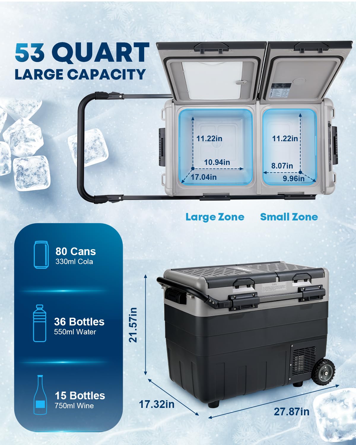 Kohree 12V Car Refrigerator, 53 Quart (50L) Portable Refrigerator, Dual Zone -4?-68? Car Fridge Portable Freezer 12/24V Dc And 1