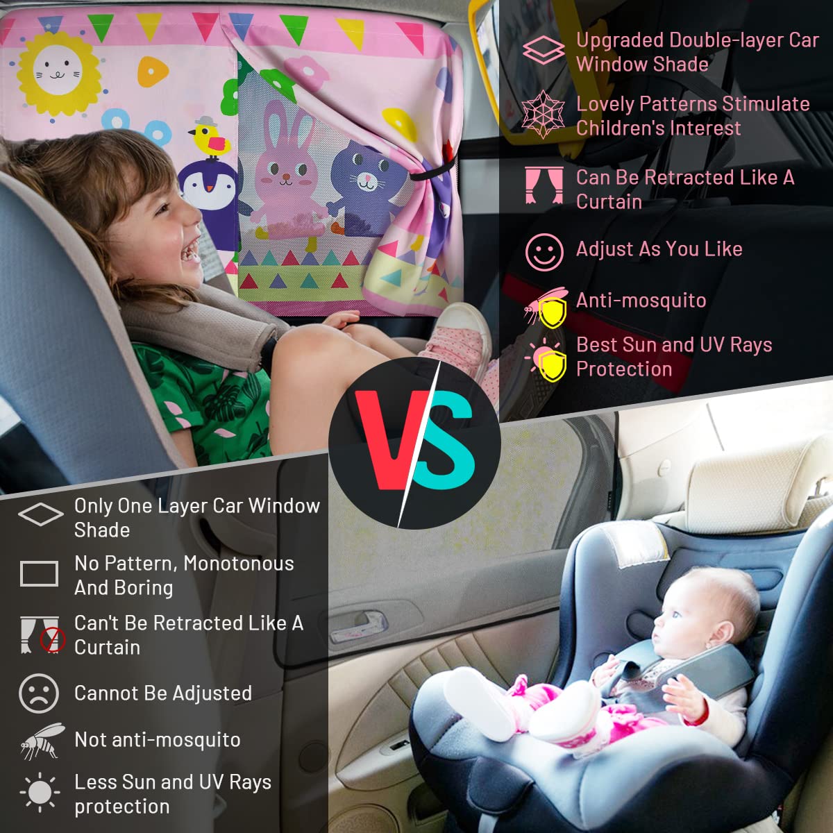 Car Window Shade For Baby, 2Pcs Magnetic Auto Sun Shades For Side Windows Double Layer Full & Half Shade Options, Cute Patterns