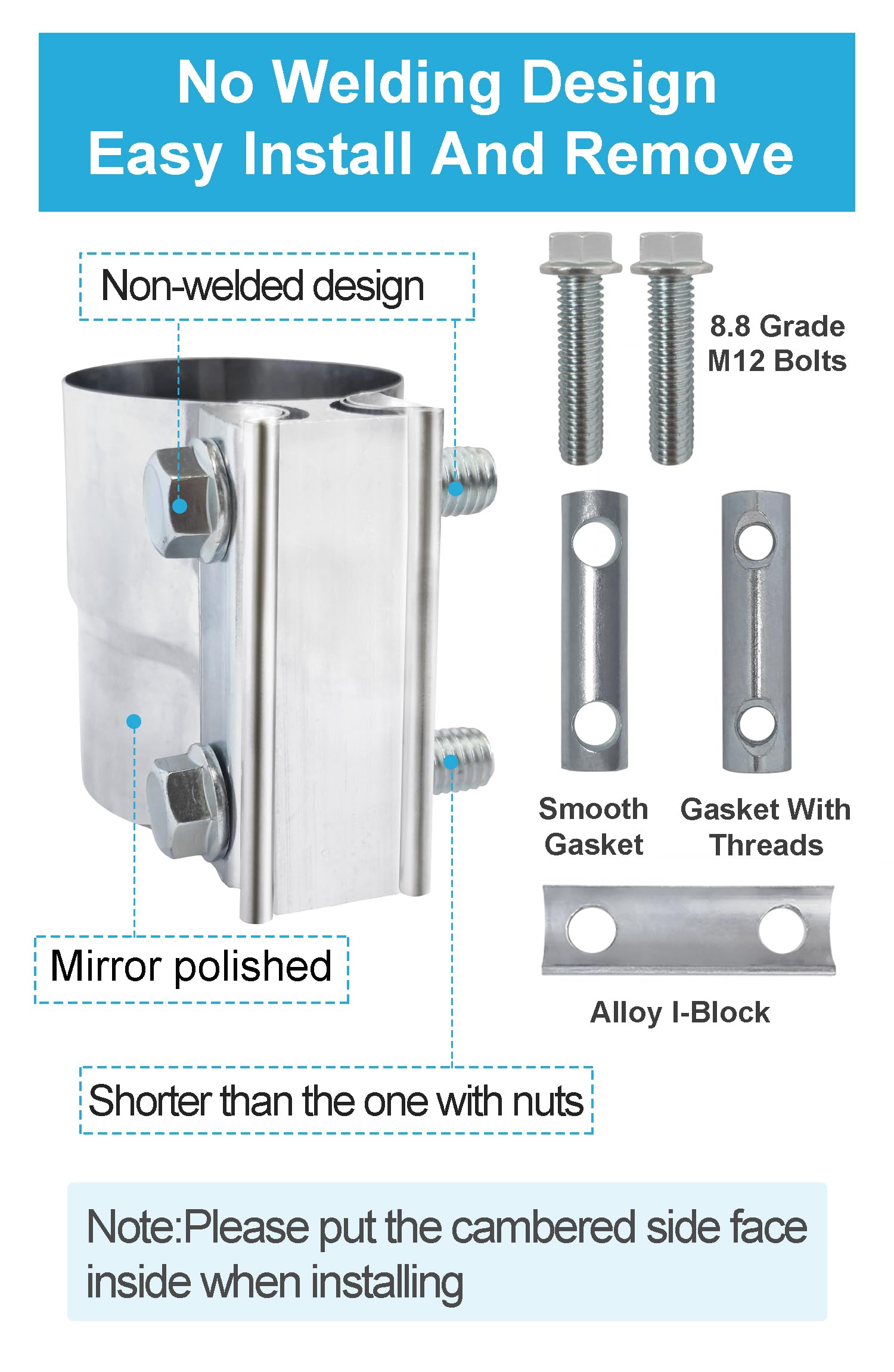 2.5 Inch Exhaust Clamps,Lap Joint Band Clamp 2 Packs,2 1/2 Exhaust Muffler Band Clamp,304 Stainless Steel Pipe Repair Clamp Deco