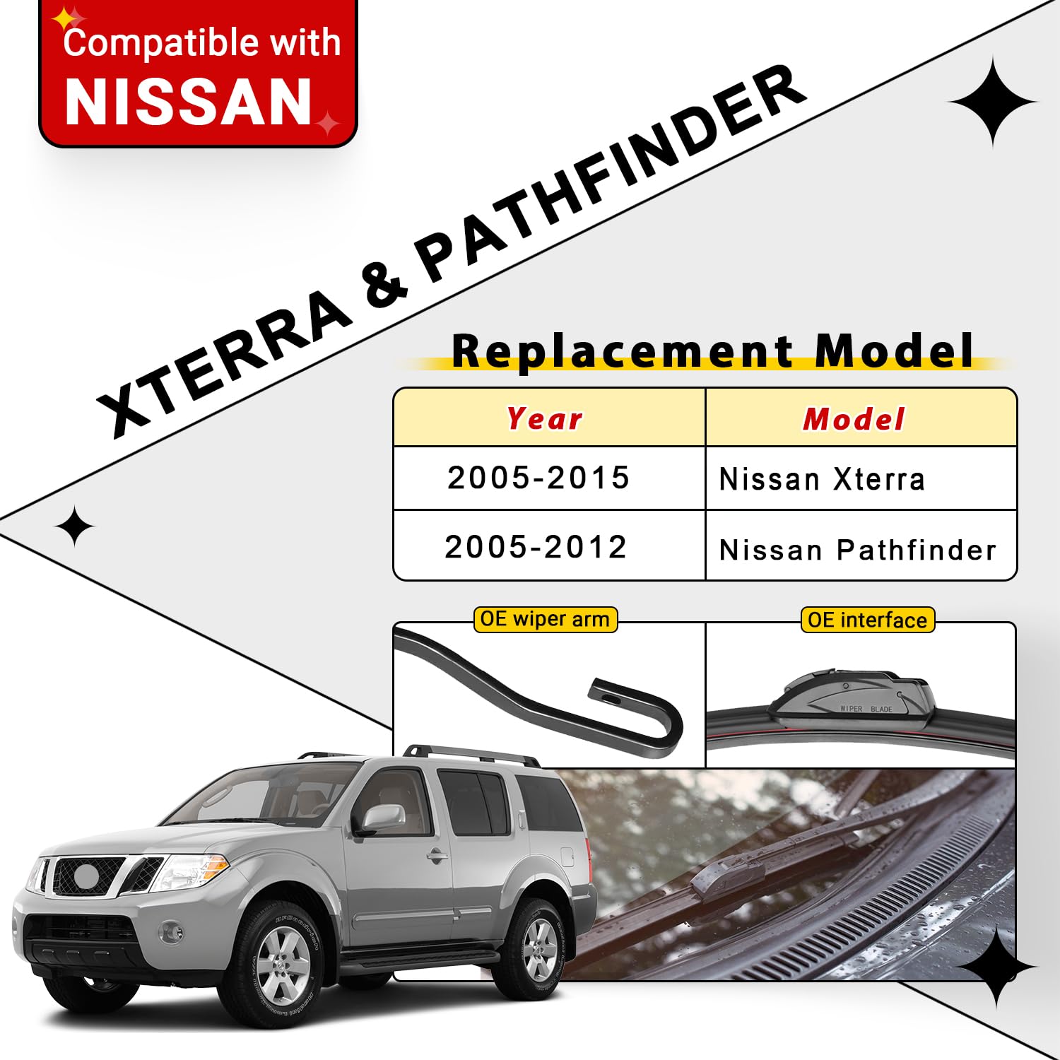 Raintok Windshield Wiper Blades Replacement For 2005-2015 Nissan Xterra / 2005-2012 Nissan Pathfinder Original Factory Quality F