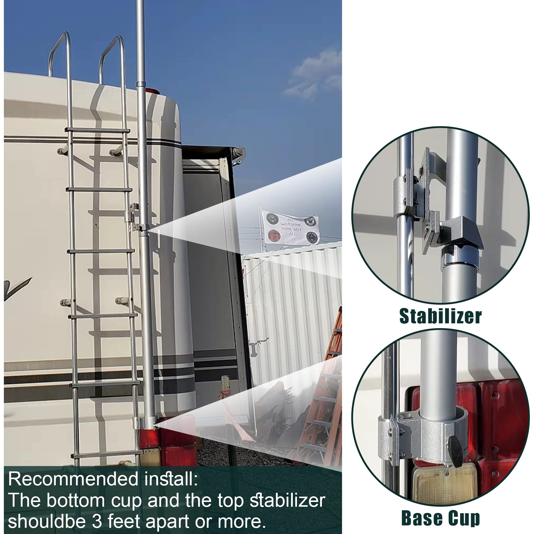 Eez Rv Products Aluminum Flag And Wind Sock Pole Mount For Rv Ladders Satellite Antenna(Starlink Dish) Pole Mount - Adjustable Hold Up To 2.5 Inch Diameter Pole - Fits 1 Inch Ladder Rails