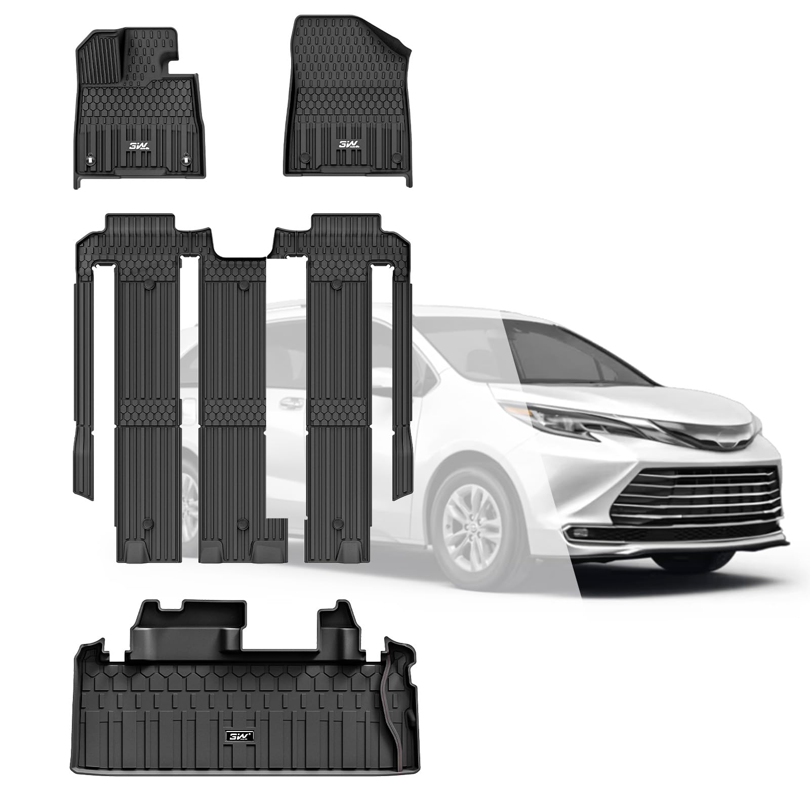 3W Floor Mats&Cargo Liner Fit Toyota Sienna 2021-2024 2025 (For 7 Seat Le/Xle/Xse/Limited & Not Fit 2025 Platinum) Tpe Custom Fi