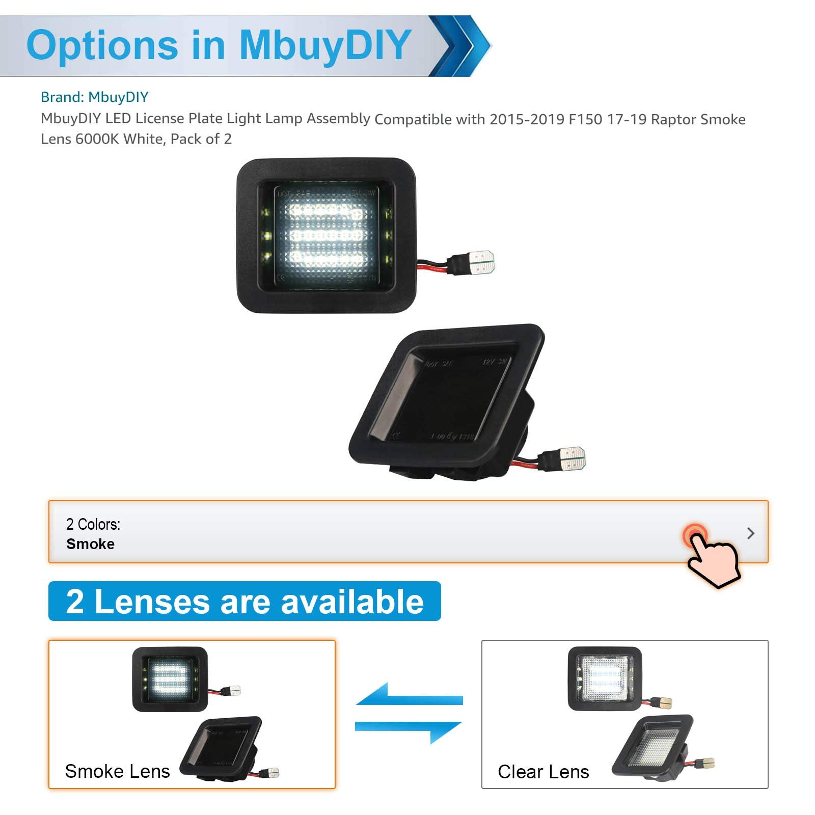 Mbuydiy Led License Plate Light Lamp Assembly Compatible With 2015-2020 F150 17-20 Raptor Smoke Lens 6000K White, Pack Of 2