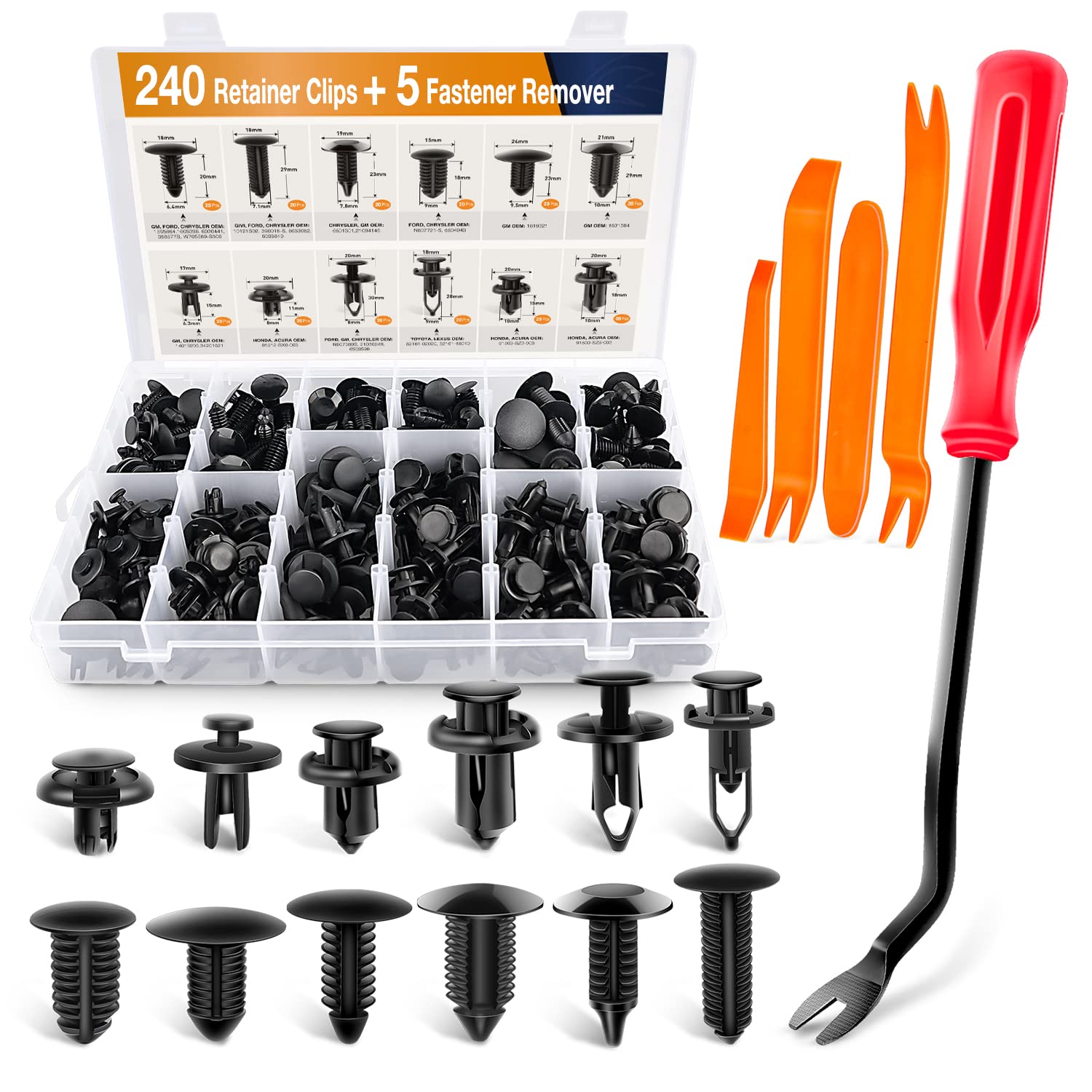 GOOACC - GRC-33 240PCS Bumper Retainer Clips Car Plastic Rivets Fasteners Push Retainer Kit Most Popular Sizes Auto Push Pin Riv