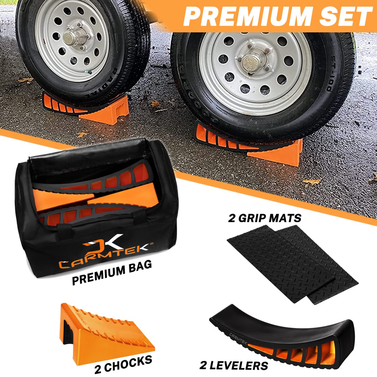 Carmtek Camper Leveler Premium Kit - Curved Rv Levelers With Camper Wheel Chocks, Rubber Mats And Carry Bag | Faster Camper Leveling Than Rv Leveling Blocks
