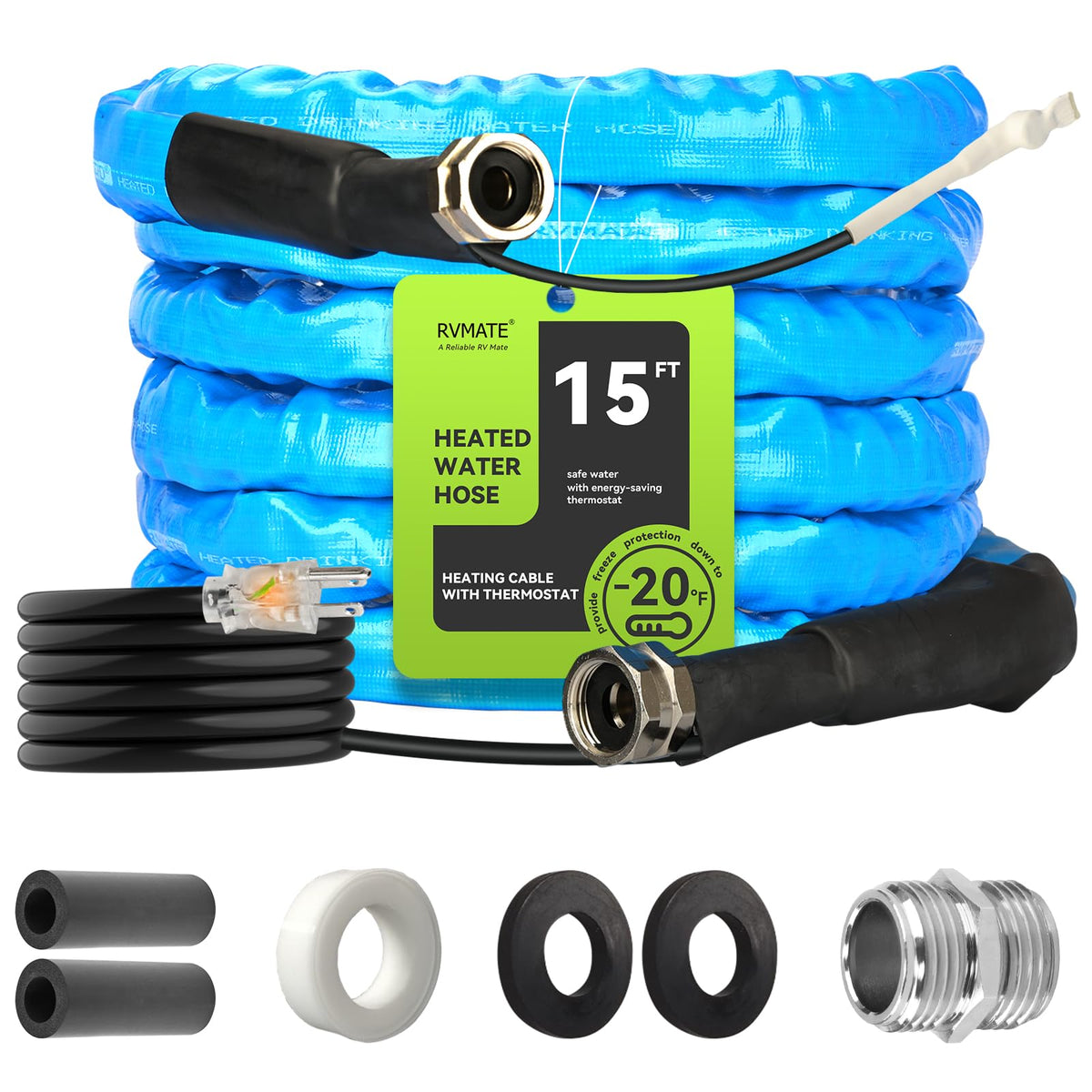 Rvmate Heated Water Hose For Rv 15Ft, -20 ? Antifreeze Heated Rv Water Hose With Energy Saving Thermostat, For Rv/Camper/Home/Ga