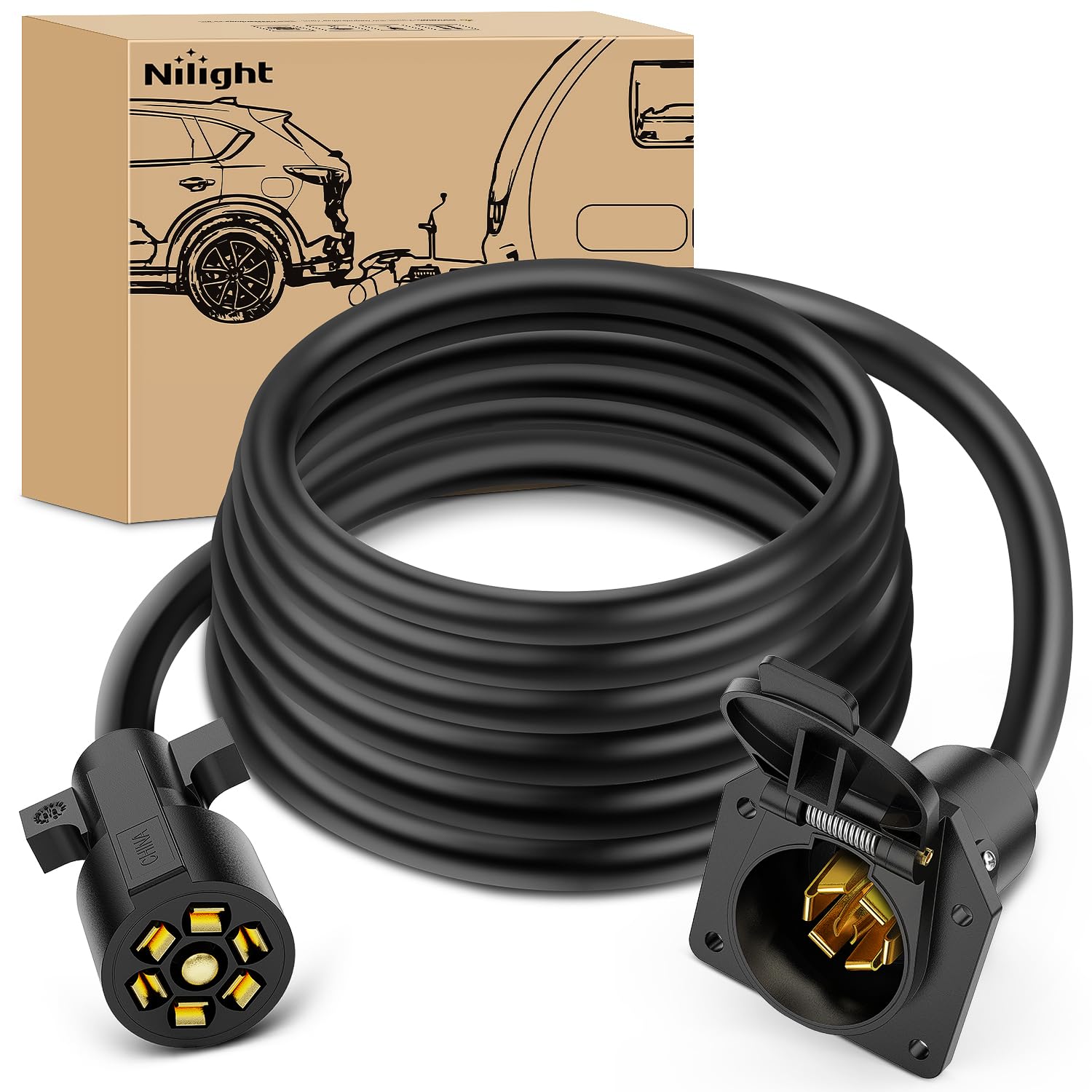 Nilight 7 Way Trailer Plug Extension Cord 12 Feet Heavy Duty 7 Pin Connector Wiring Harness Cable 10-14 AWG Double-Prong Copper 