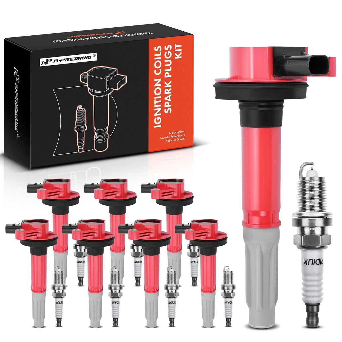 A-Premium Red Ignition Coils and Spark Plugs Kits Compatible with Ford F-150 2011-2016, Mustang 2011-2015, 5.0L 8-PC Set