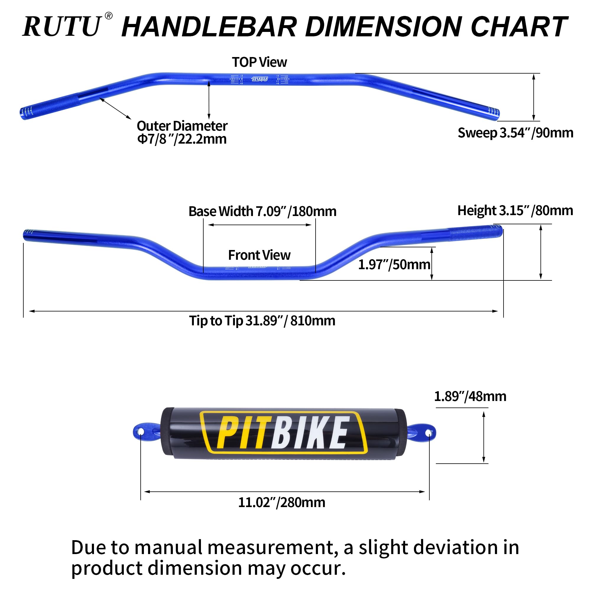 Motorcycle Handlebars 7/8 Inch,RUTU Universal Dirt Bike Handle Bar with Crossbar Pad Low-Rise Drag Bar for Motocross ATV Quad-Bl