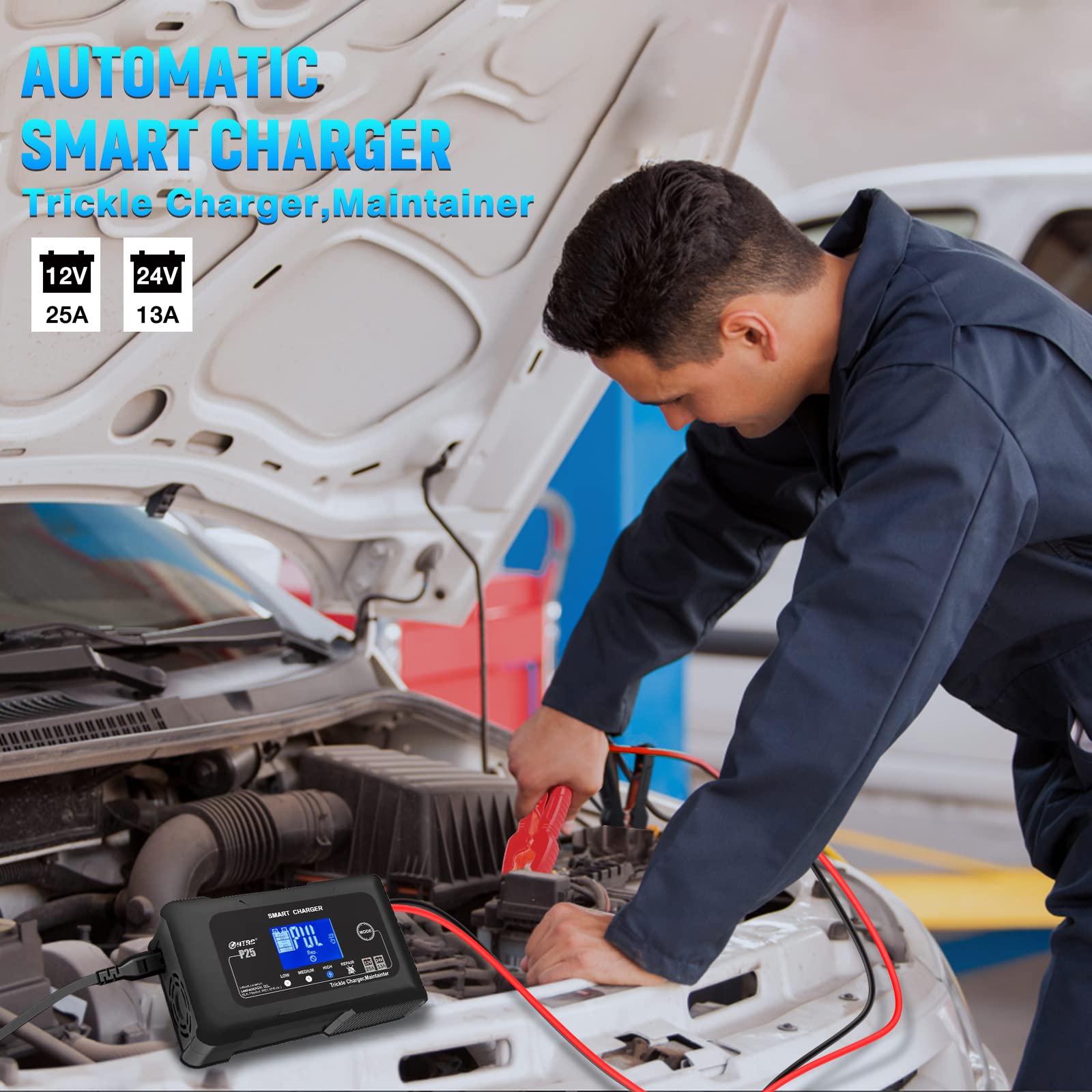 Htrc 25-Amp Smart Battery Charger,Lithium,Lifepo4,Lead-Acid Agm/Gel/Sla.. Car Battery Charger,Trickle Charger, Maintainer/Deep Cycle Charger,12V/25A And 24V/13A,For Motorcy,Boat,Lawn Mower,Golf Cart..