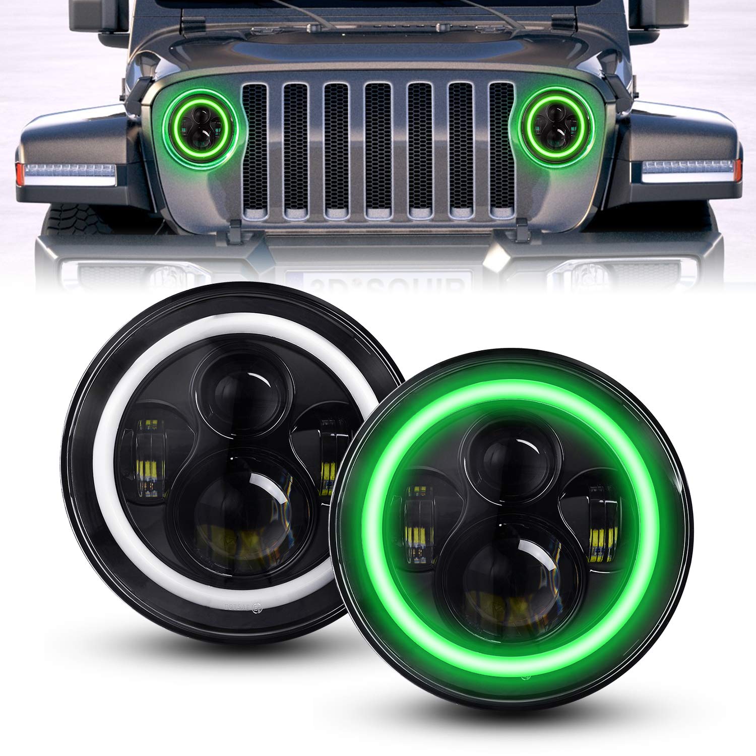 YEEGO DIRECT 7 Inch LED Headlights with Green Halo Amber Turn Signal Lights LED Headlight High/Low Beam Compatible ith Wrangler 