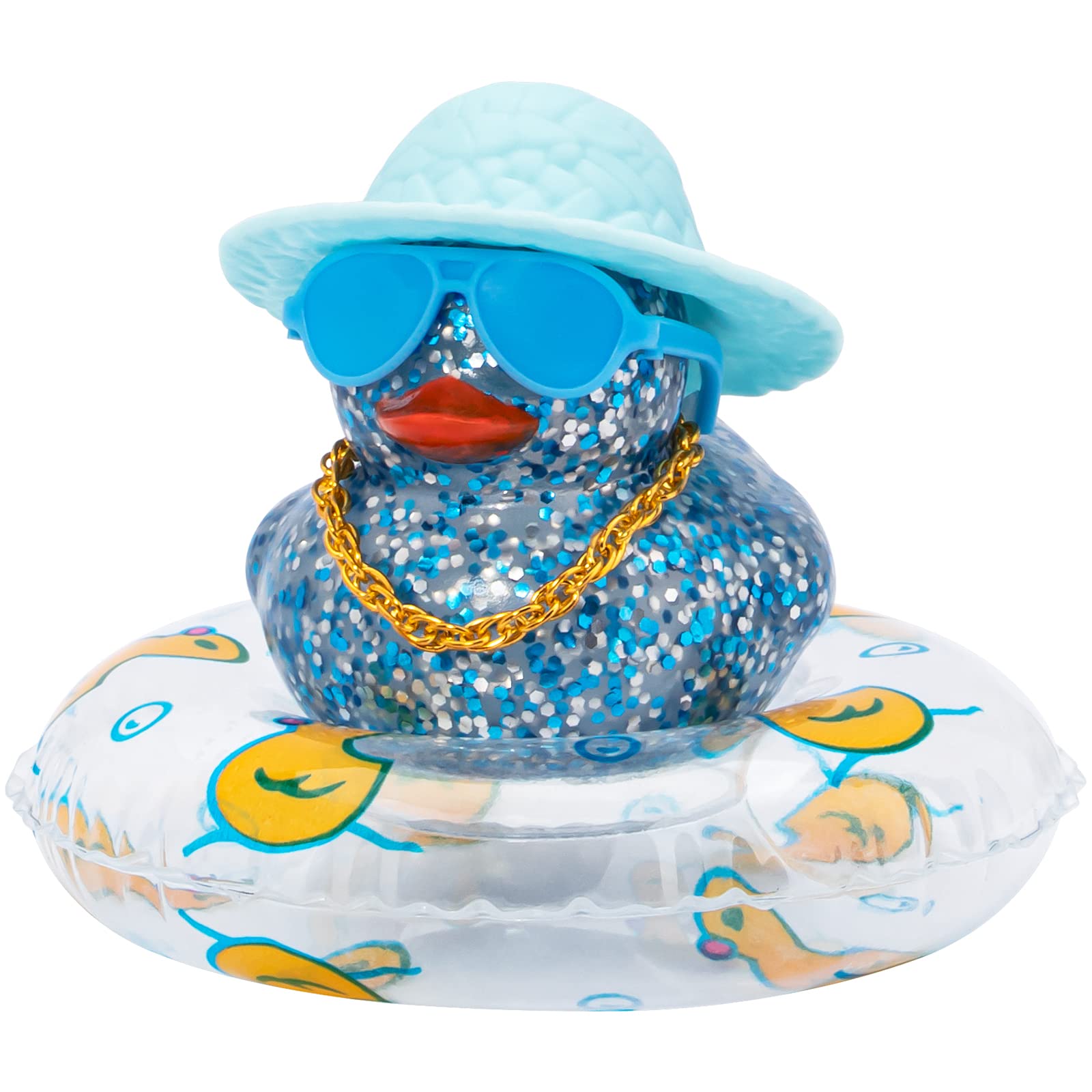 Wonuu Shining Rubber Ducks With Plastic Sunglasses Swim Ring Necklace Hat, Glittering Cute Car Accessories Car Decor Dashboard D
