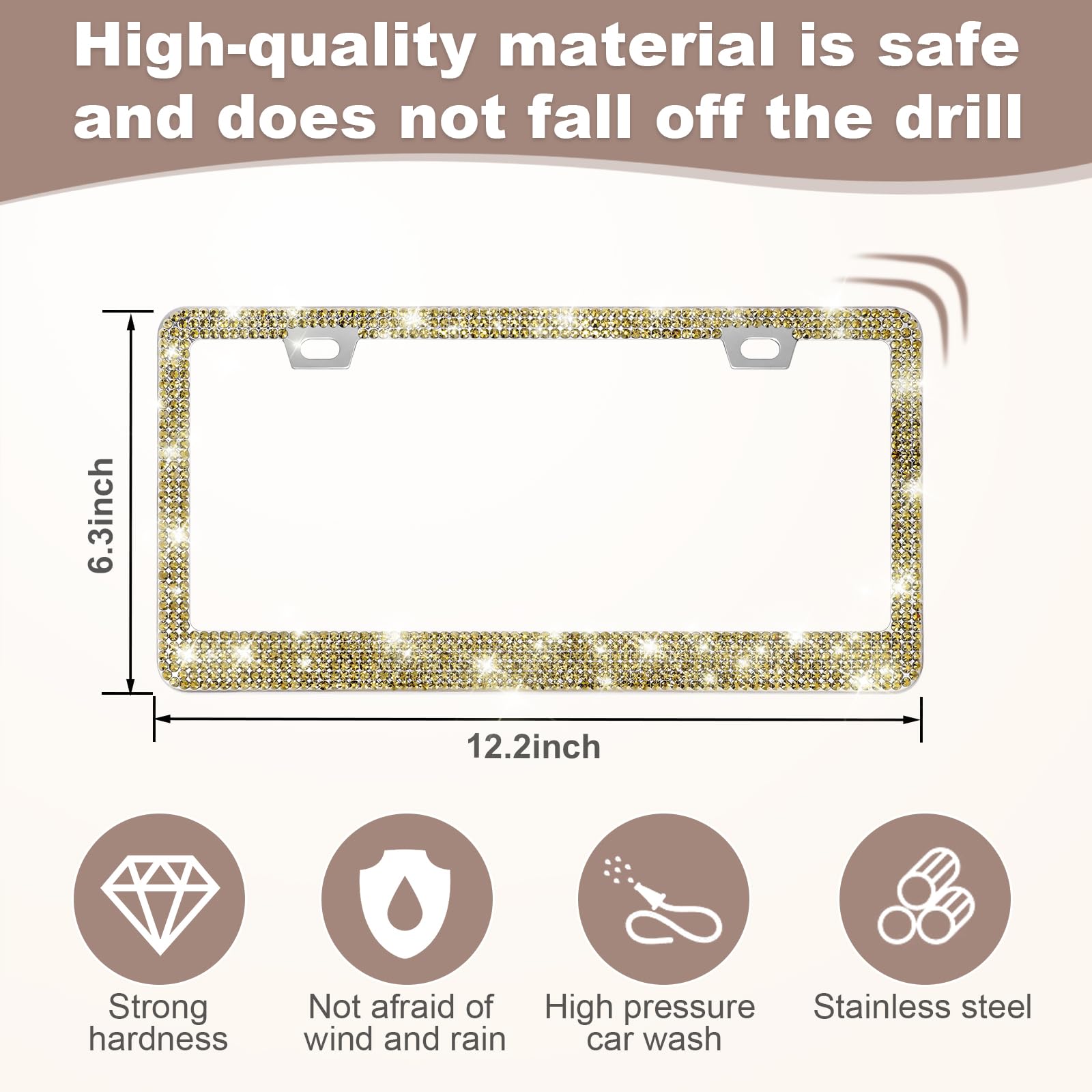 Quanqiufei 2 Pack Bling License Plate Frames For Women, Sparkly Rhinestone Diamond Car Accessories With Glitter Crystal Caps (Go