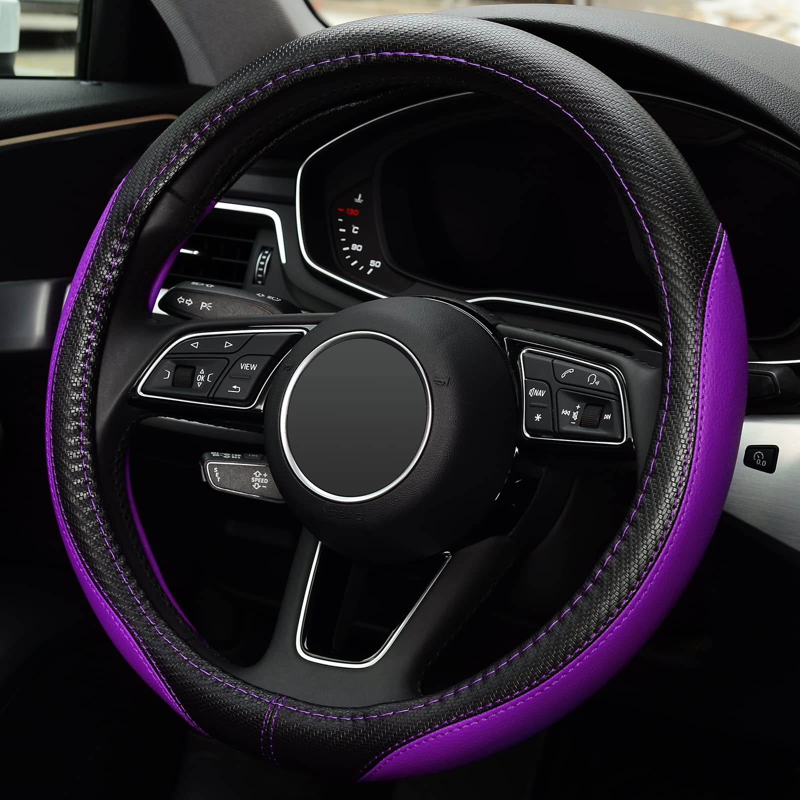 Labbyway Microfiber Leather Auto Car Steering Wheel Cover, Universal Fit 15 Inch Anti-Slip Wheel Protector, Purple