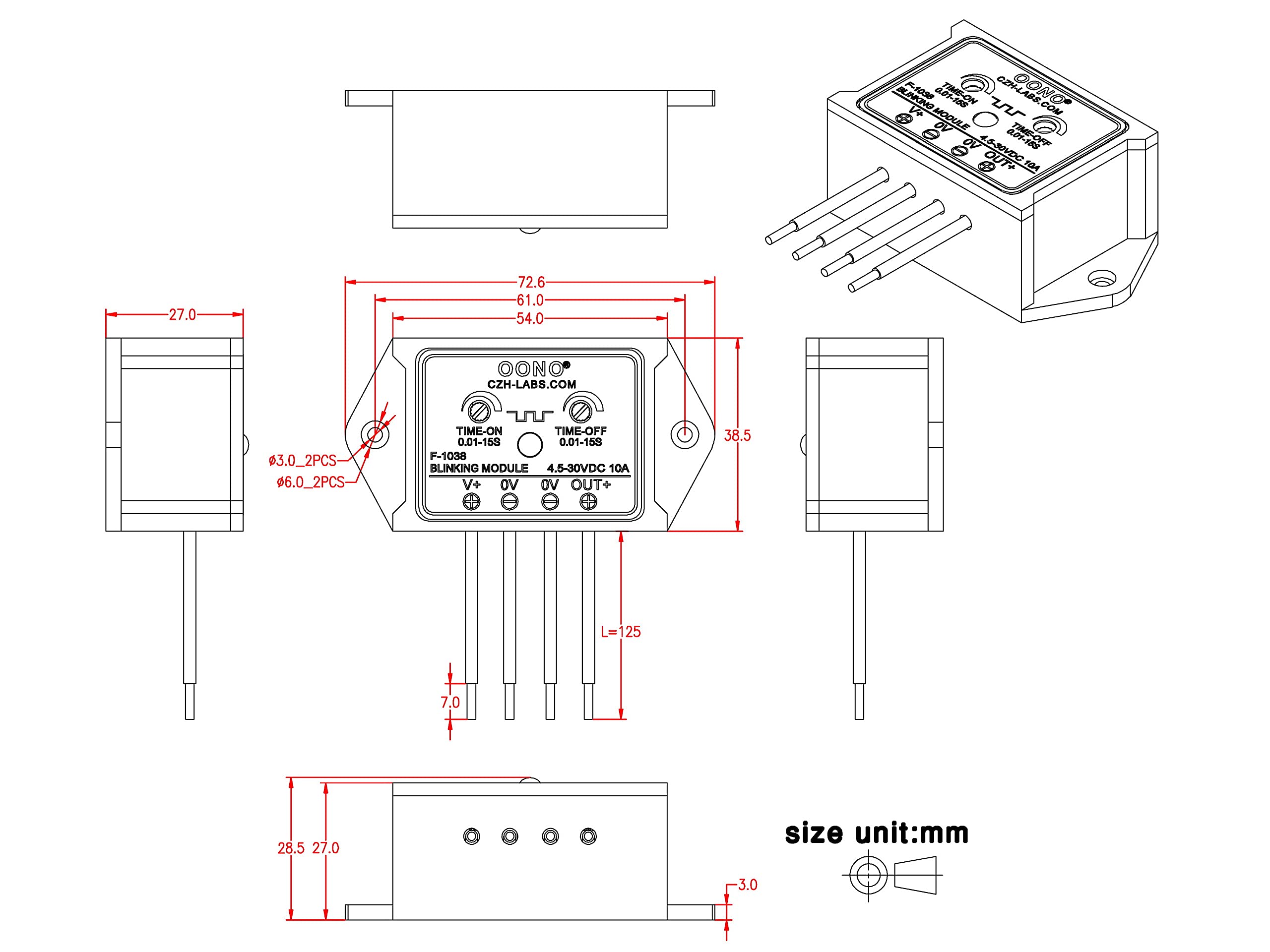 OONO DC 4.5-30V 10Amp Blinking Flasher Module, Normally Open, Model F-1038, ABS Material