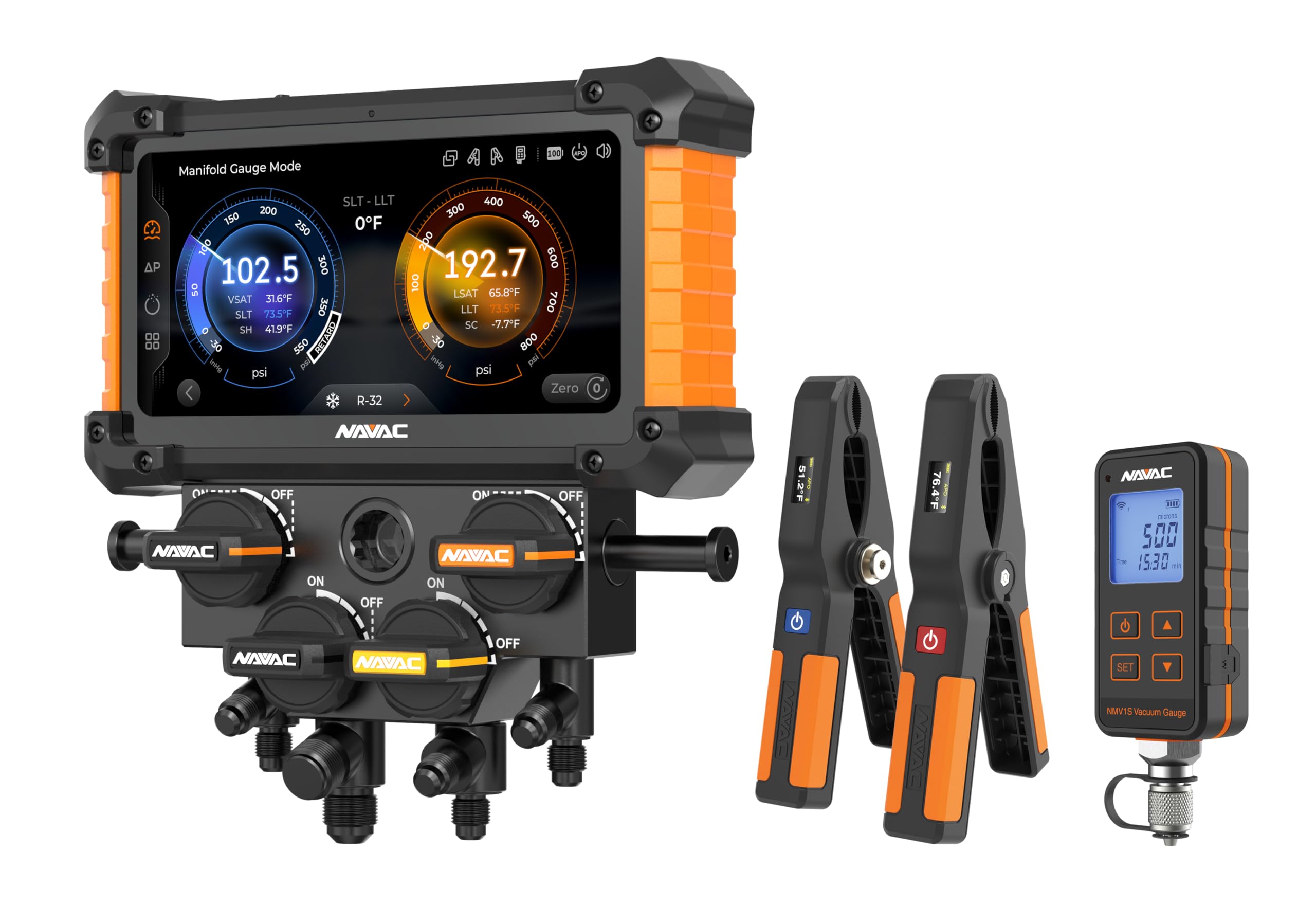 NAVAC Nexus 2 Digital Manifold Gauge NX4G | 4-Valve Bluetooth HVAC Gauge w/HD Touchscreen | 100 Refrigerants | Impact-Resistant 