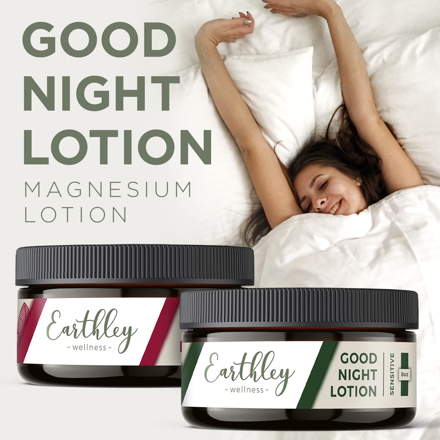 Earthley Wellness Good Night Lotion, Sensitive, 8oz - Magnesium, Apricot Oil, Shea & Mango Butter, Vegan, Lavender Essential Oil