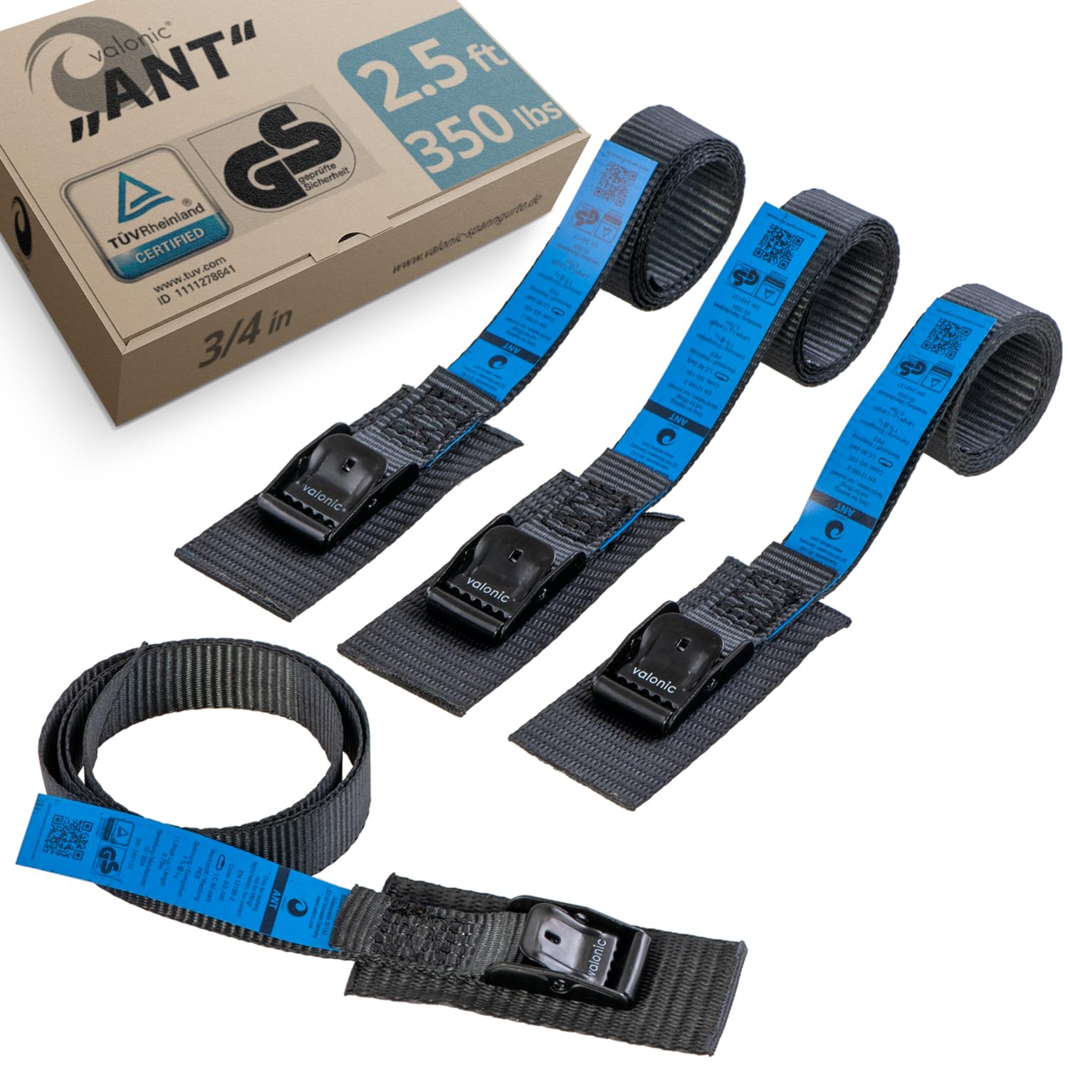 Valonic Ant - Short Lashing Strap, Padded, 4 Pieces, 2.5 Ft, 350Lbs Breaking Strength, Cam Buckle, Black - Tie Down Straps For B