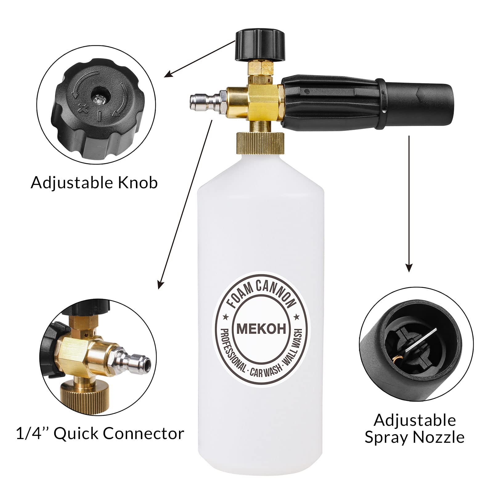 Mekoh 1 Liter Adjustable Foam Cannon Snow Foam Lance With 1/4'' Quick Connector 5 Pressure Washer Nozzles For Car Detailing Clea