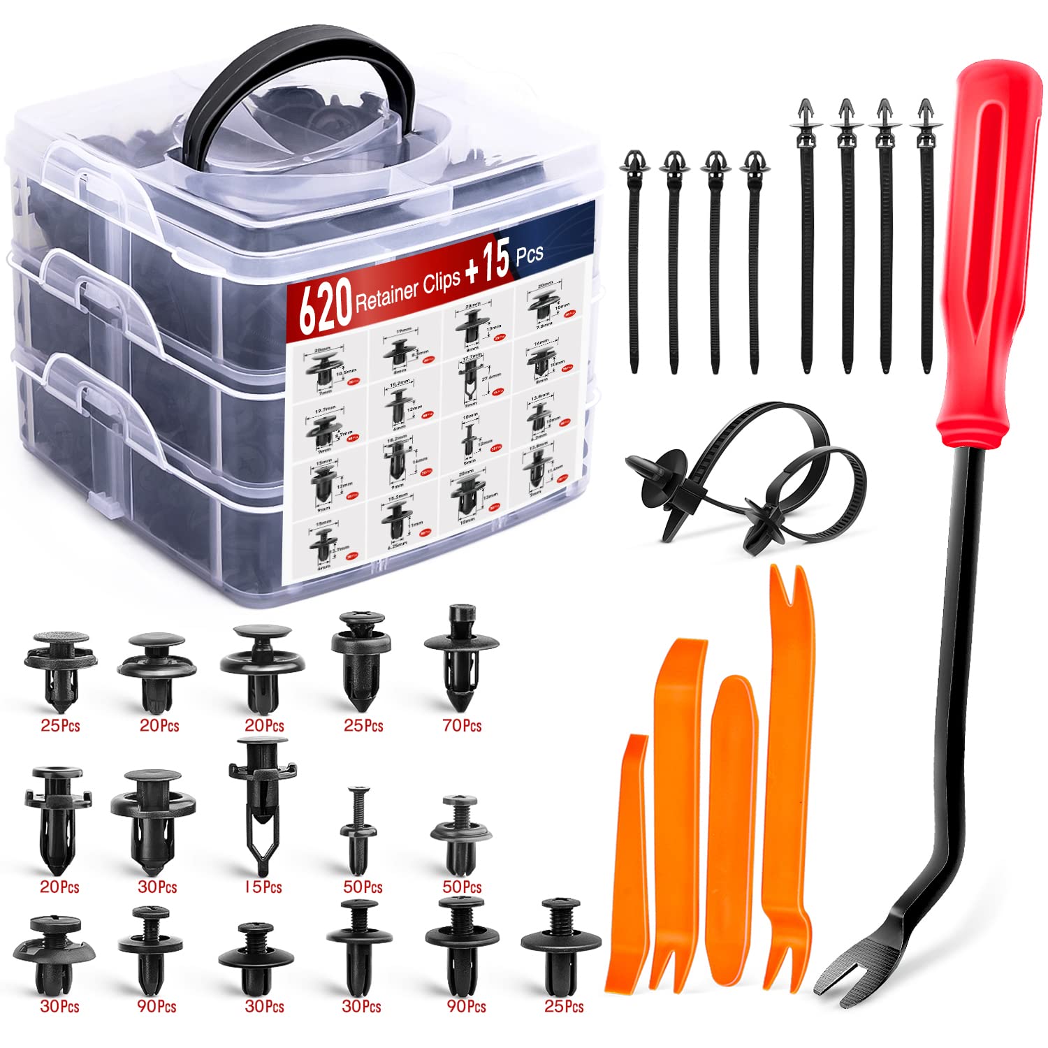 Nilight - CL-86 635Pcs Car Push Retainer Clips-16 Most Popular Sizes Nylon Bumper Fender Rivets Kit with 10 Cable Ties and Faste