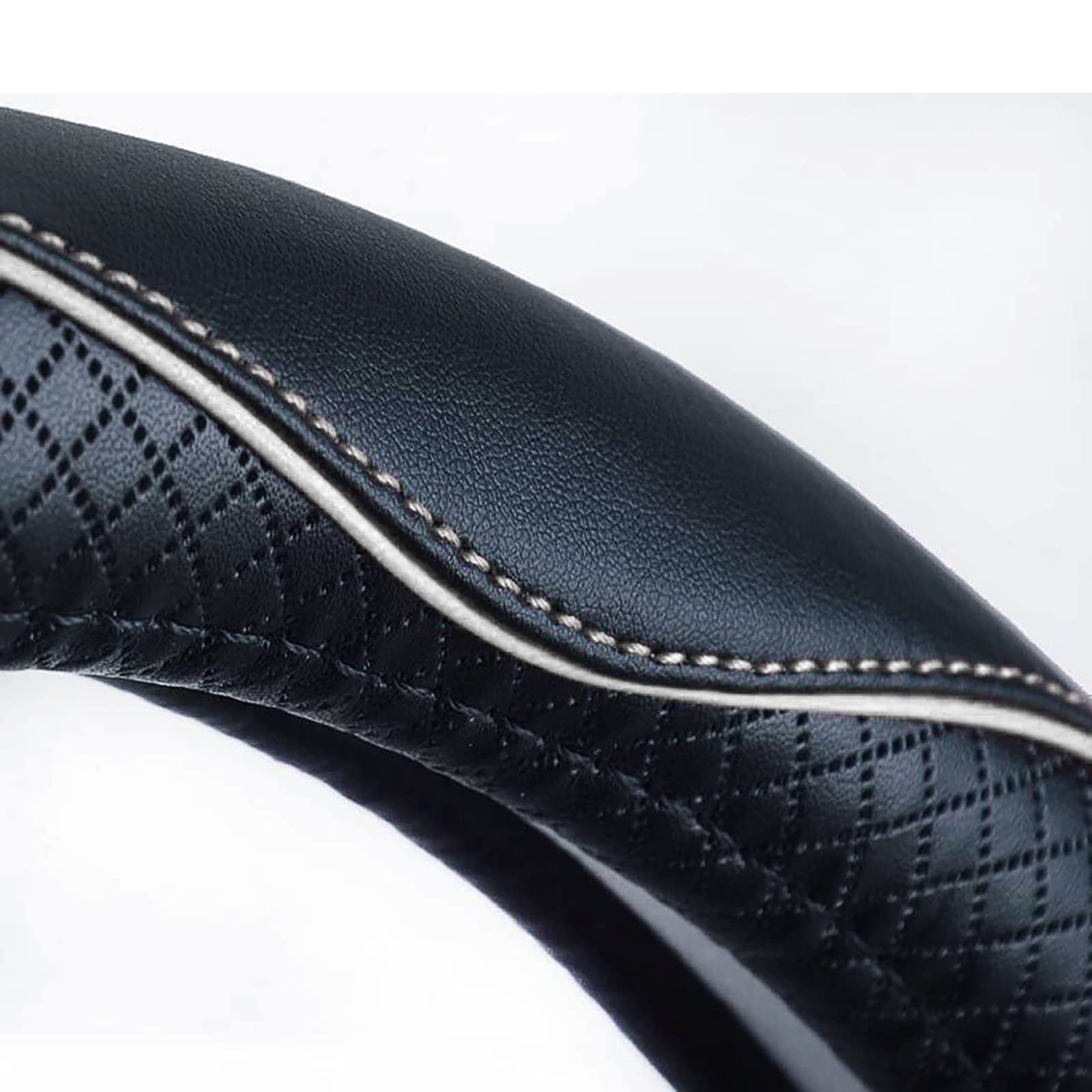 Valleycomfy Steering Wheel Covers Universal 15 Inch - Genuine Leather, Breathable, Anti Slip & Odor Free (White Line, M(14 '' 1/