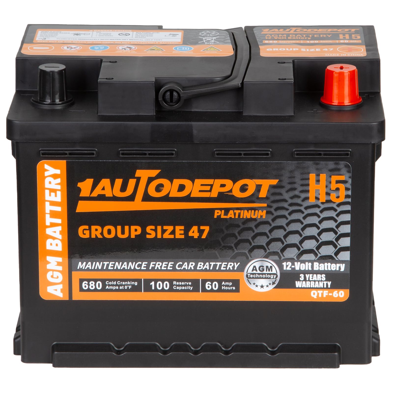 1Autodepot Bci Group 47 Car Battery, 12V 60Ah Size H5 Automotive Battery Premium Maintenance Free Agm Batteries, 680Cca, 100Rc