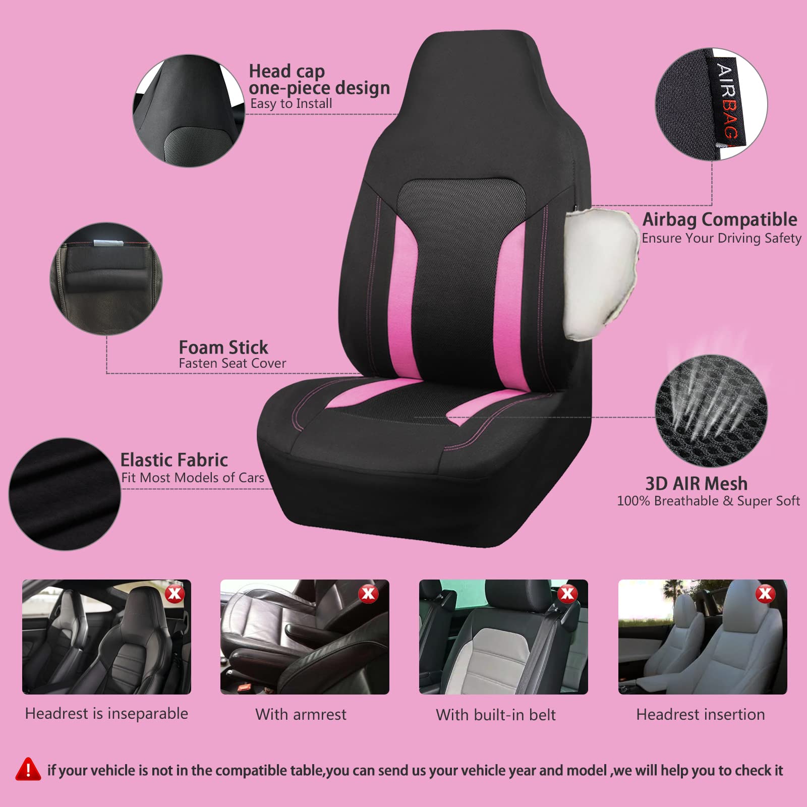 Car Pass Cargrand Universal 3D Air Mesh-100% Breathable Sporty Bucket Car Seat Cover Front Seats Only, Airbag Compatible,Fit Automotive Suv Truck Sedan Cute Women(High Back 2 Piece Front Black Pink)