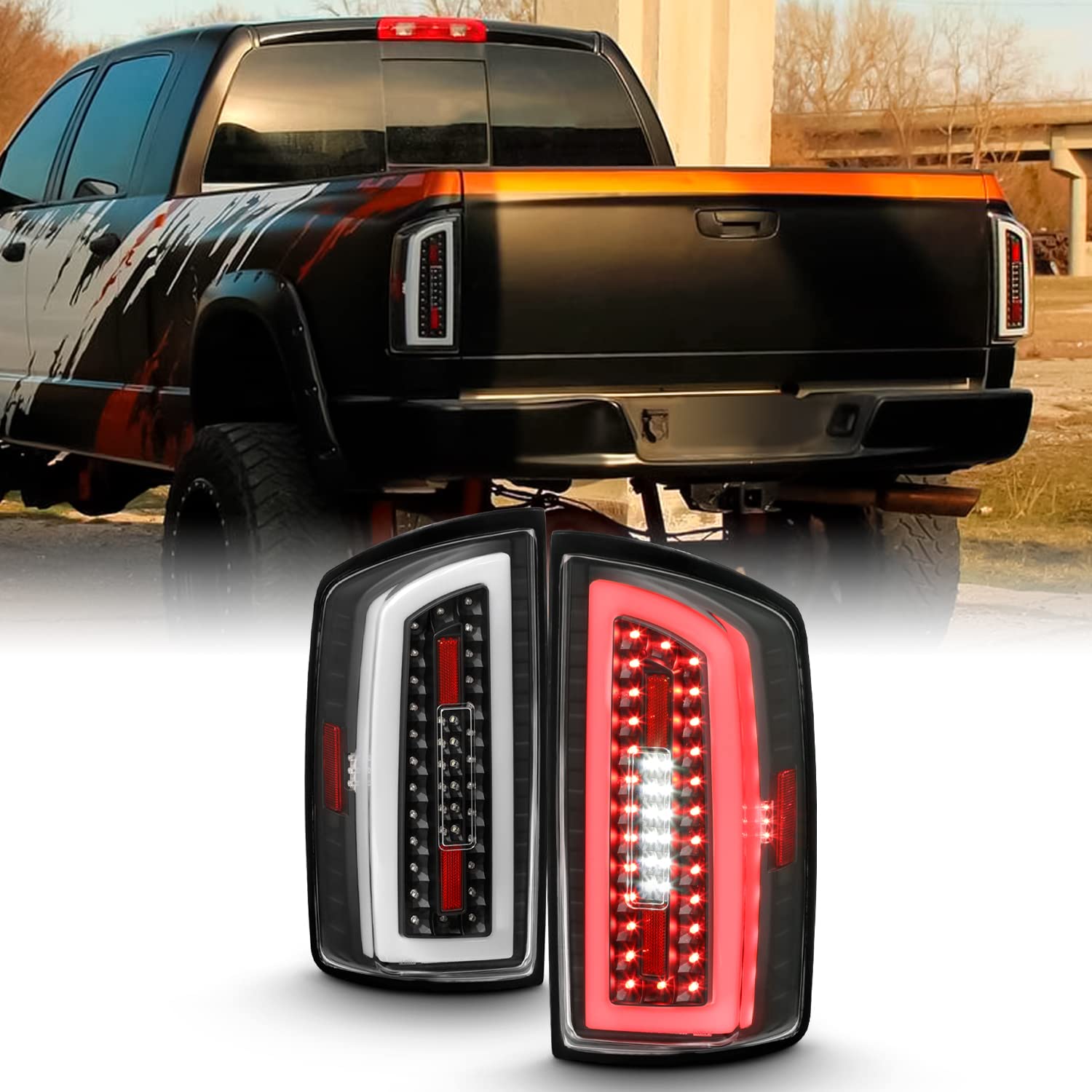 Akkon - Fits 2007 2008 Dodge Ram 1500 2500/2009 3500 Full Led Tube Bar Black Tail Lights Brake Lamp Left+Right Pair