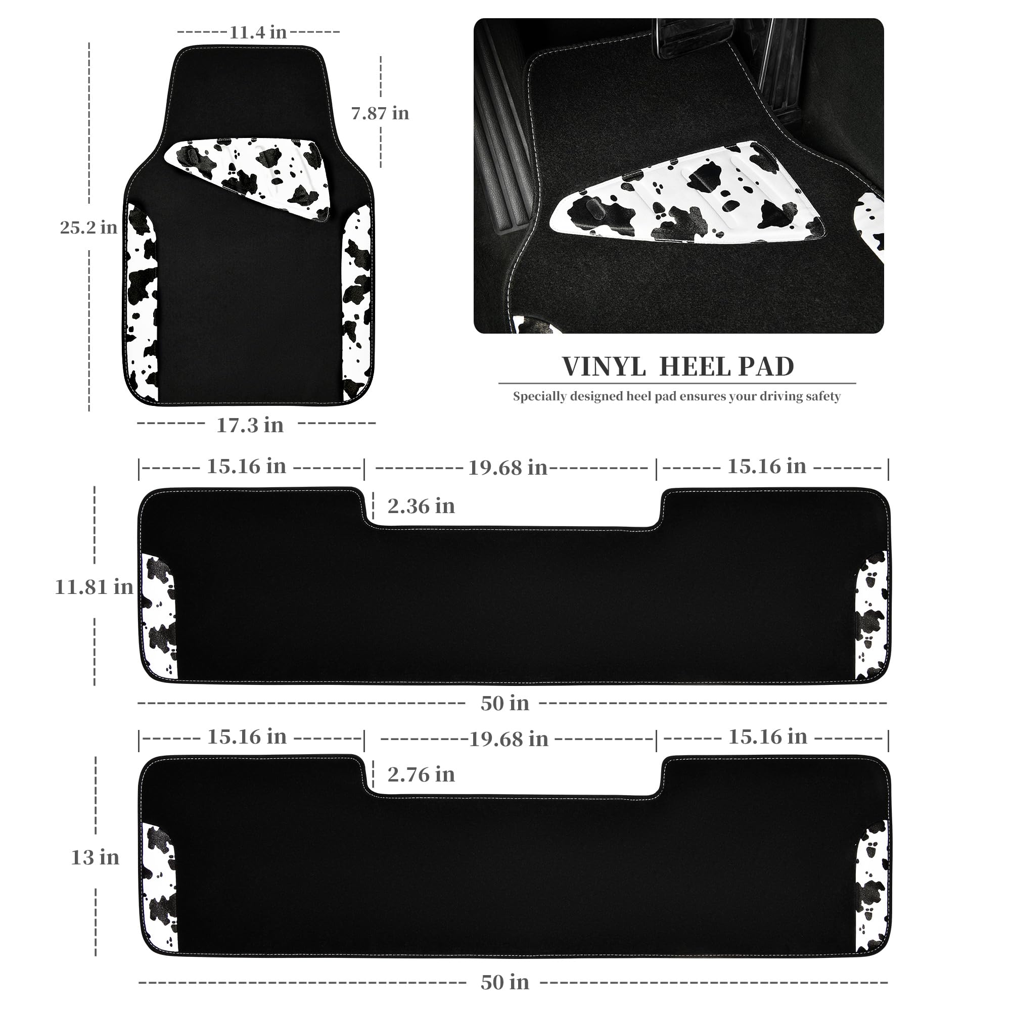 Car Pass Waterproof Universal 3 Row Car Floor Mats, Cow Print Car Mats Fit For Suv,Vans,Sedans, Trucks,Set Of 3 Row Vehicles Car