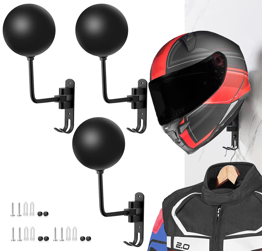 Sangmo 3 Pack 180° Motorcycle Helmet Rack, Rotation Metal Helmet Holder Wall Mount, Helmet Holder Bike With 2 Hooks Helmet Hanger For Motorcycle Bike Coats, Caps, Baseballs, Rugby Helmet(3 Pack)