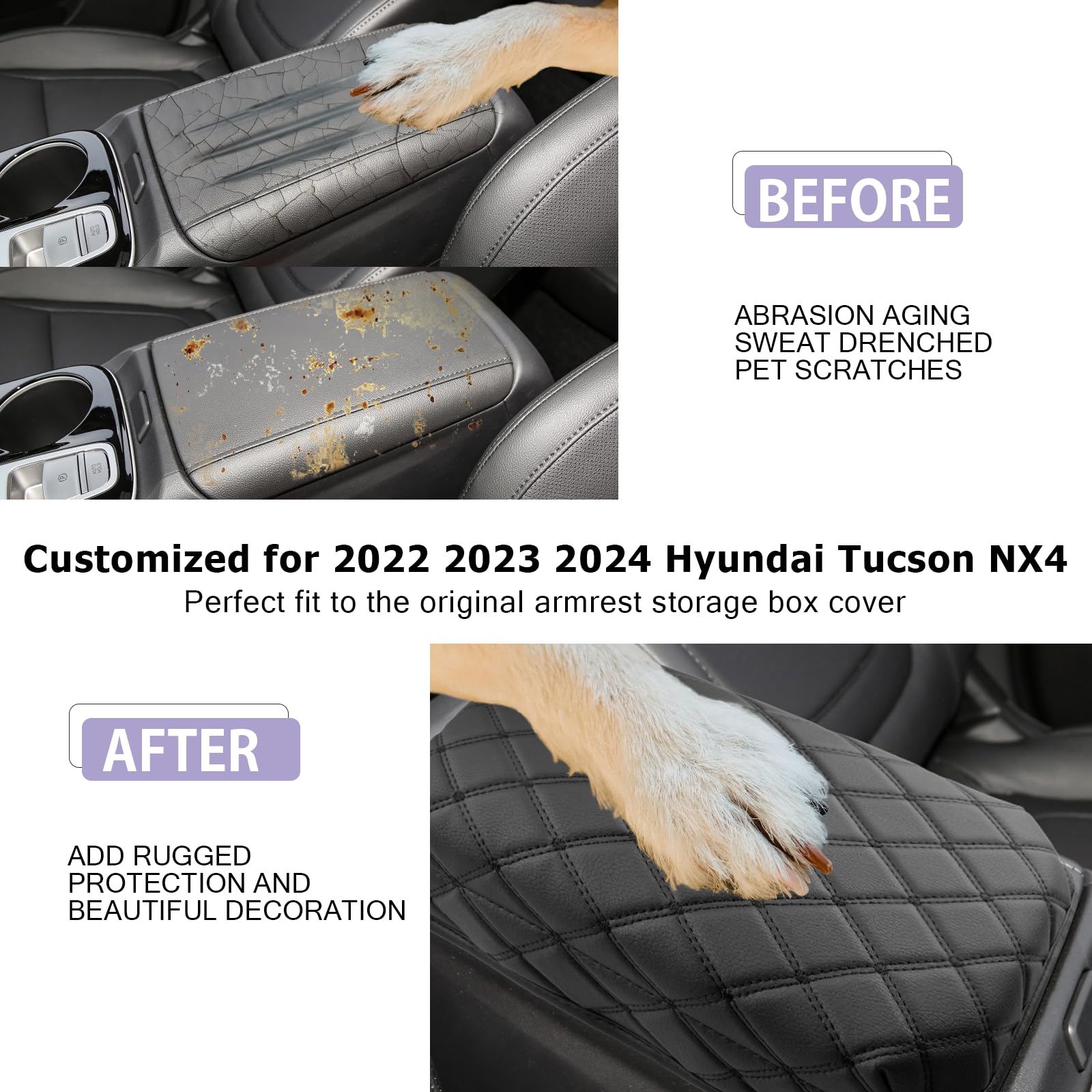 2024 Tucson Center Console Cover 2022-2024 Hyundai Tucson Armrest Cover Tucson Center Console Armrest Pad Soft Leather 2023 Tucson Sel Armrest Console Cover 2024 2023 Hynudai Tucson Accessories(Black)