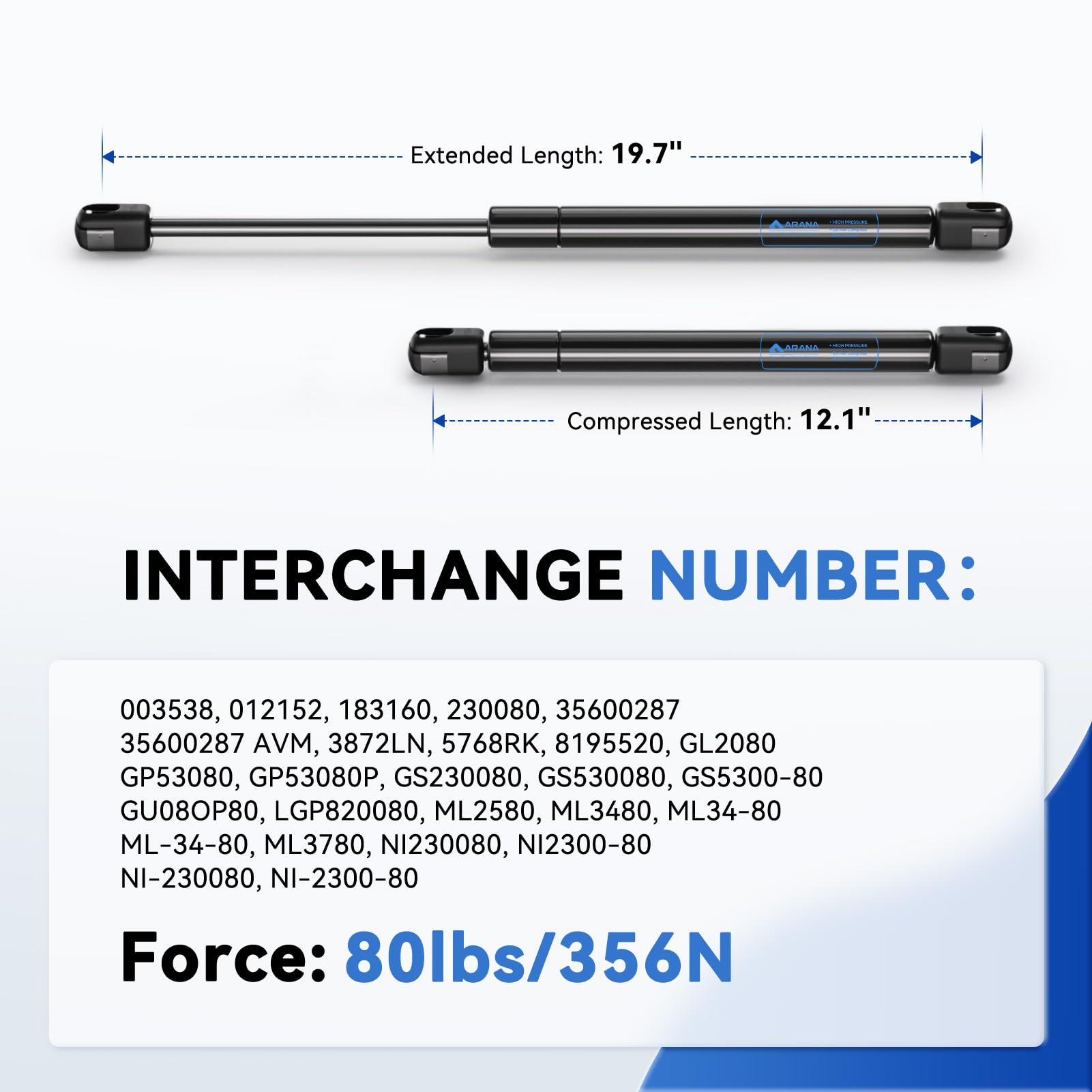 Arana C16-08053 Gas Struts 20 Inch 80 Lbs, Ml34-80 71794 Gas Spring, 20'' Gas Shocks 80 Pounds Lift Support For Boat Hatch Boat