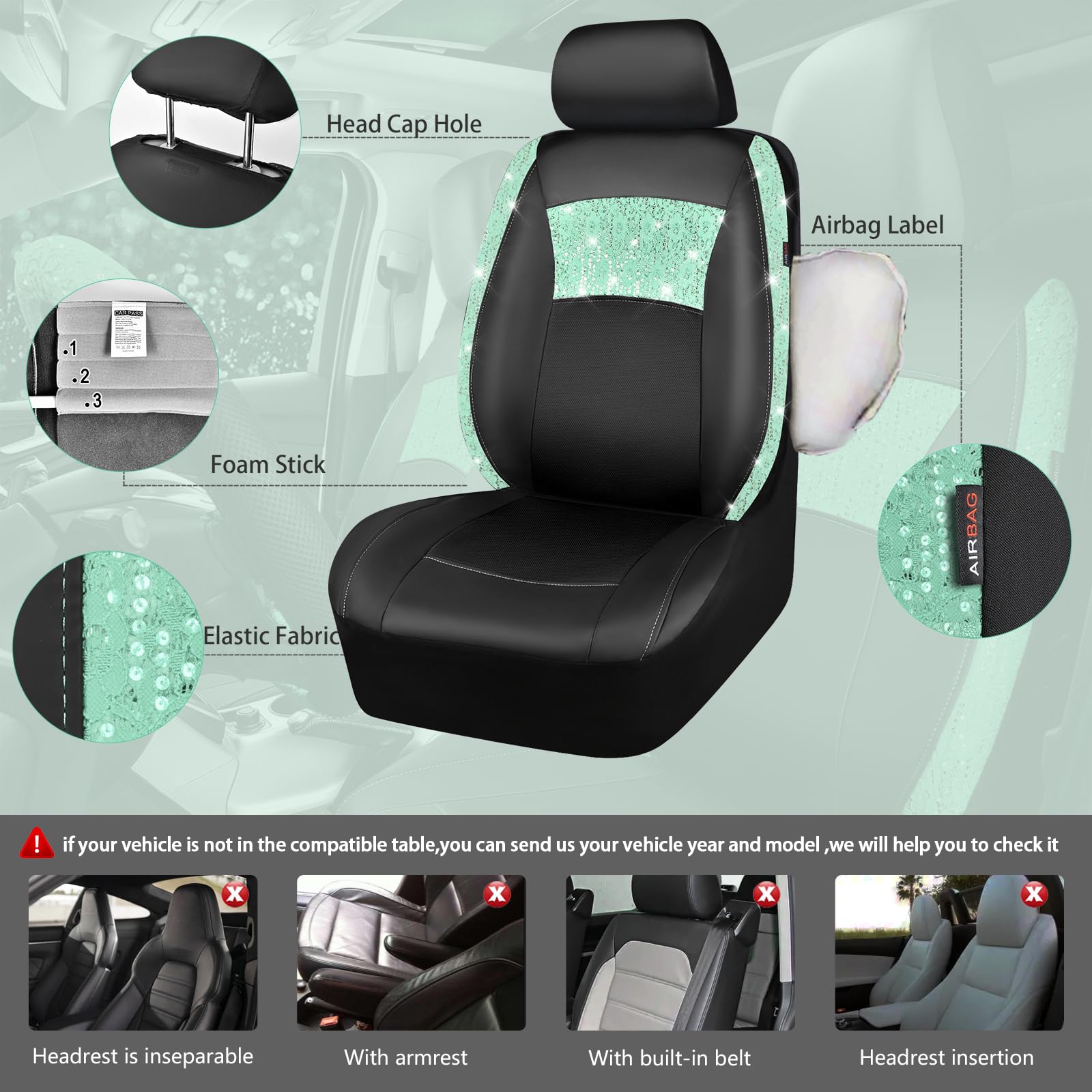 Car Pass Universal Mint Leather Lace Car Seat Covers Full Set For Women Girls, Waterproof Car Floor Mats Carpet, Glitter Steerin