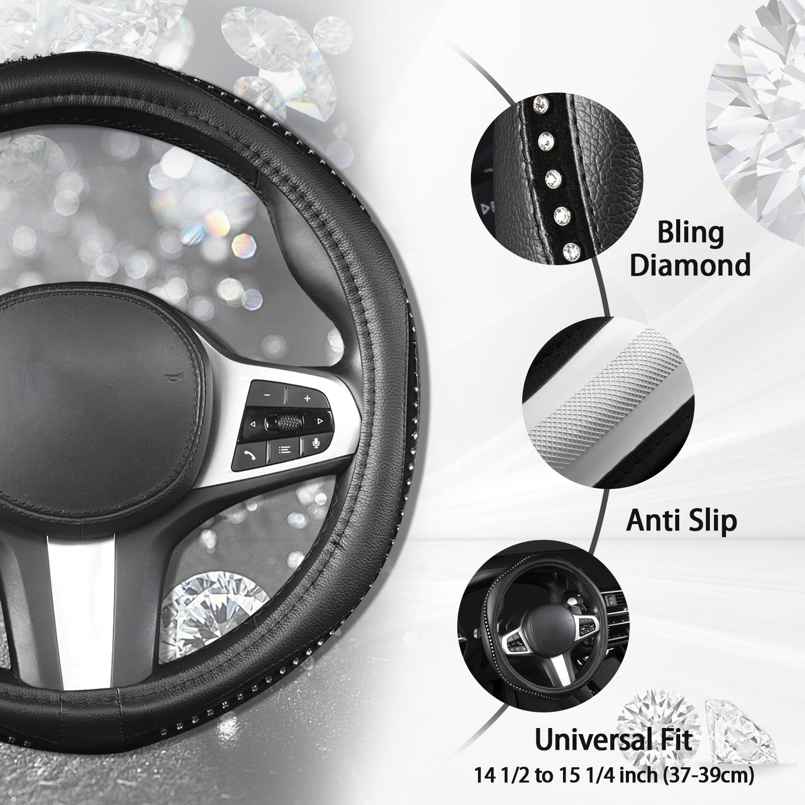Autoyouth Steering Wheel Cover, Crystal Studded Rhinestone Bling Styling For Car, Suv, Truck Heavy Duty, Anti-Slip, Excellent Grip Standard Size 15 Inch…