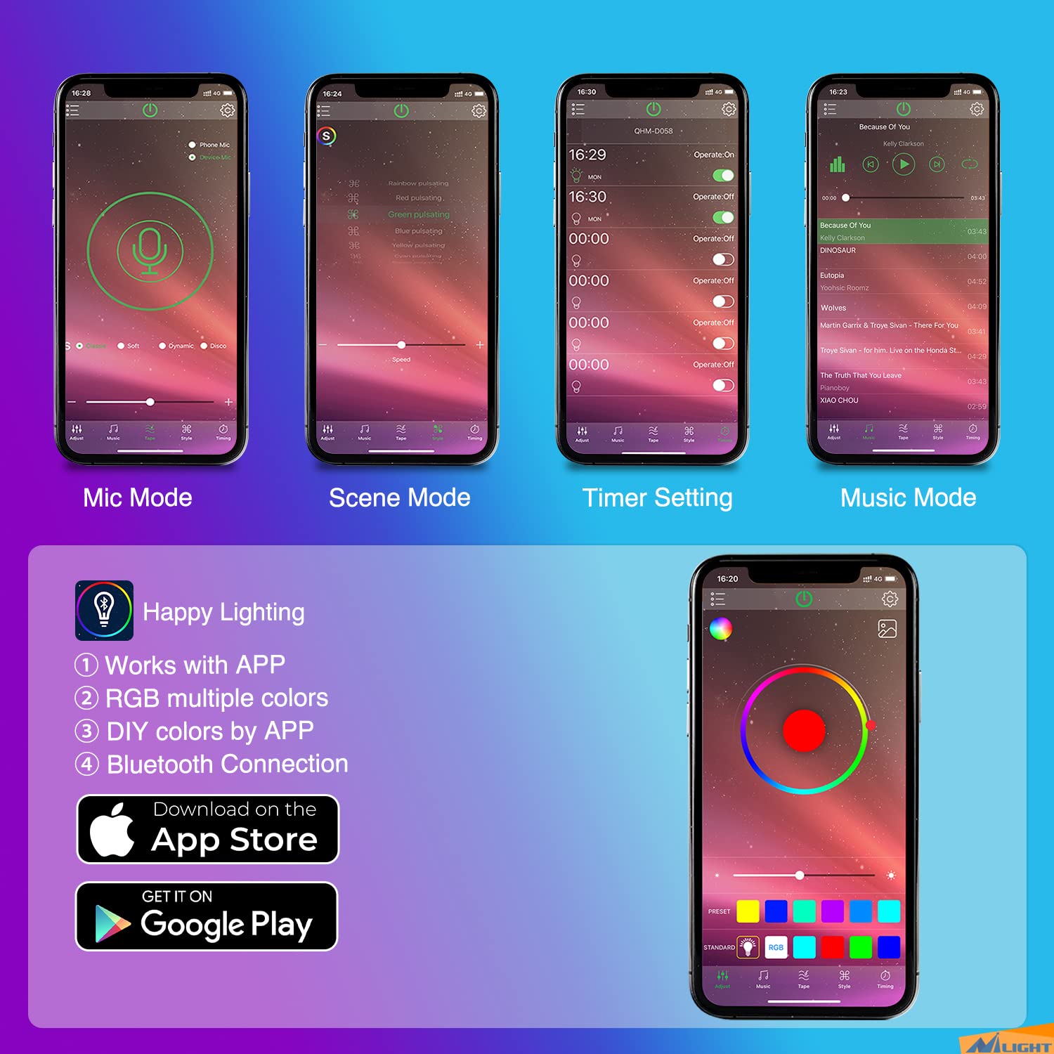 Nilight Rgb Led Car Interior Stripe Light With App Control Multicolor Music Sync Mode Waterproof Car Under-Glow Lighting Lamp Ki