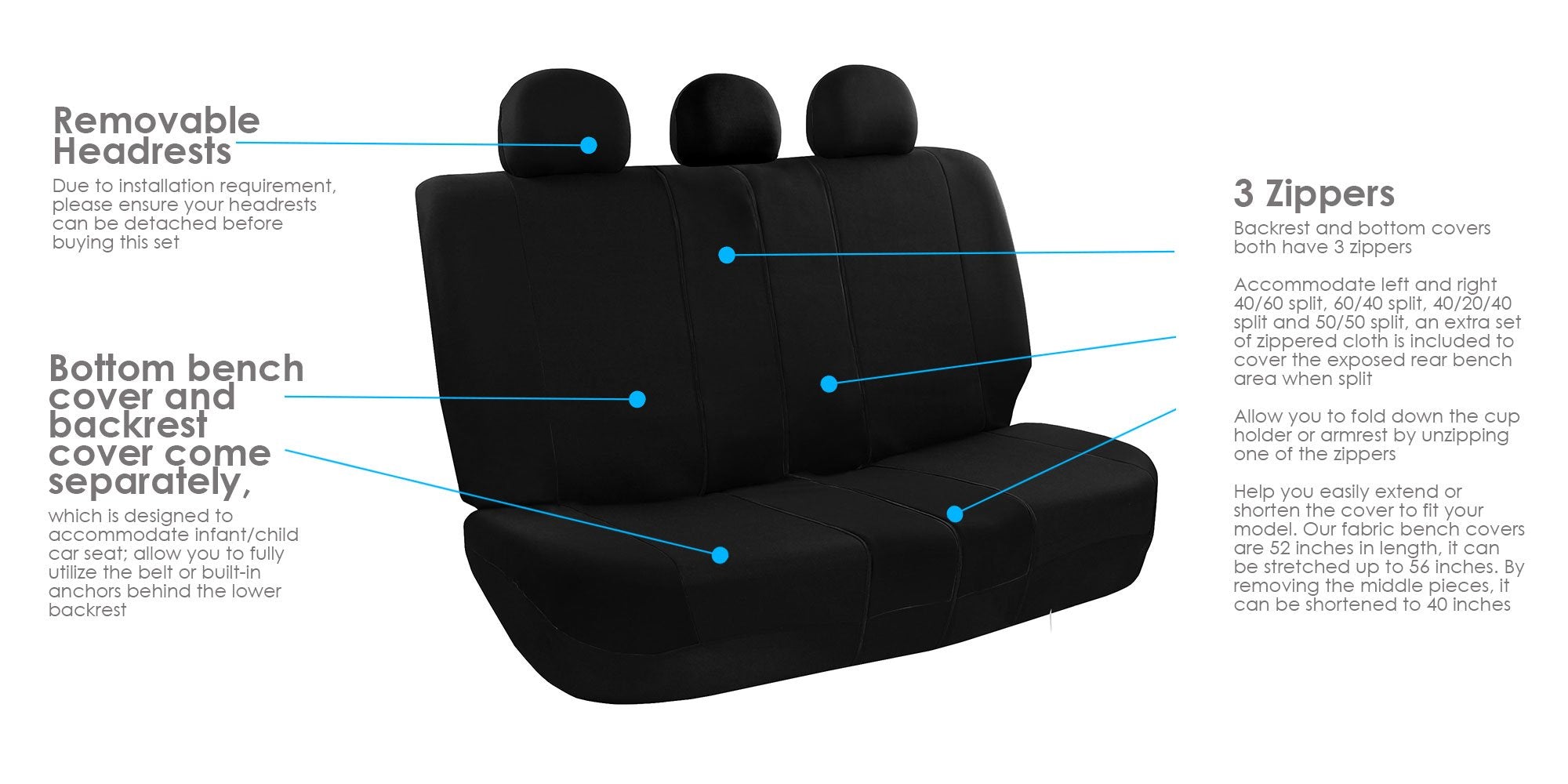 Fh Group Light & Breezy Cloth Car Seat Covers Three Row Set- Airbag & Split Ready -Universal For Cars Trucks And Suvs (Black)