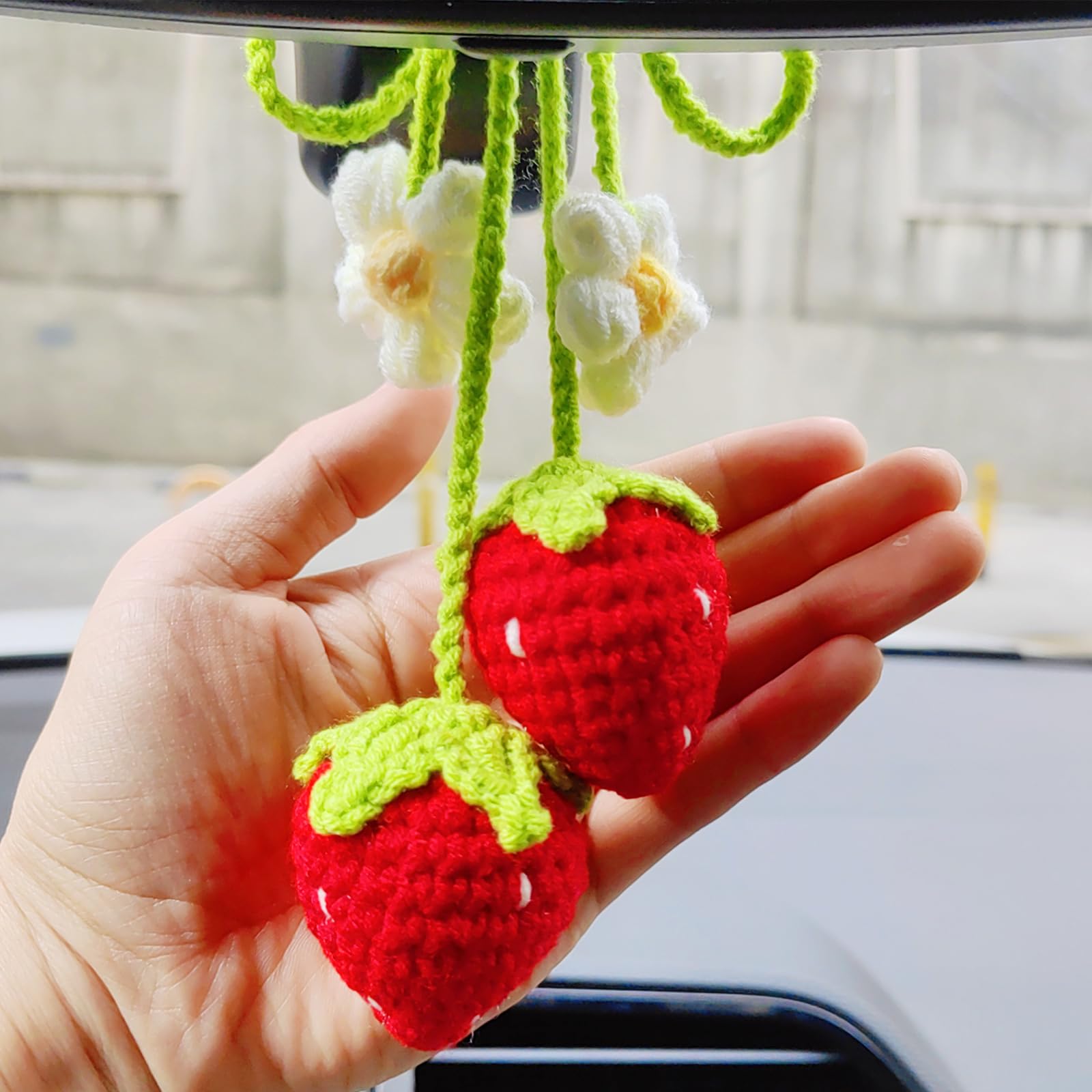 Crochet Strawberry Rear View Mirror Hanging Accessory, Flower Car Interior Ornament, Cute Hanging Decor for Women, Bag Charm