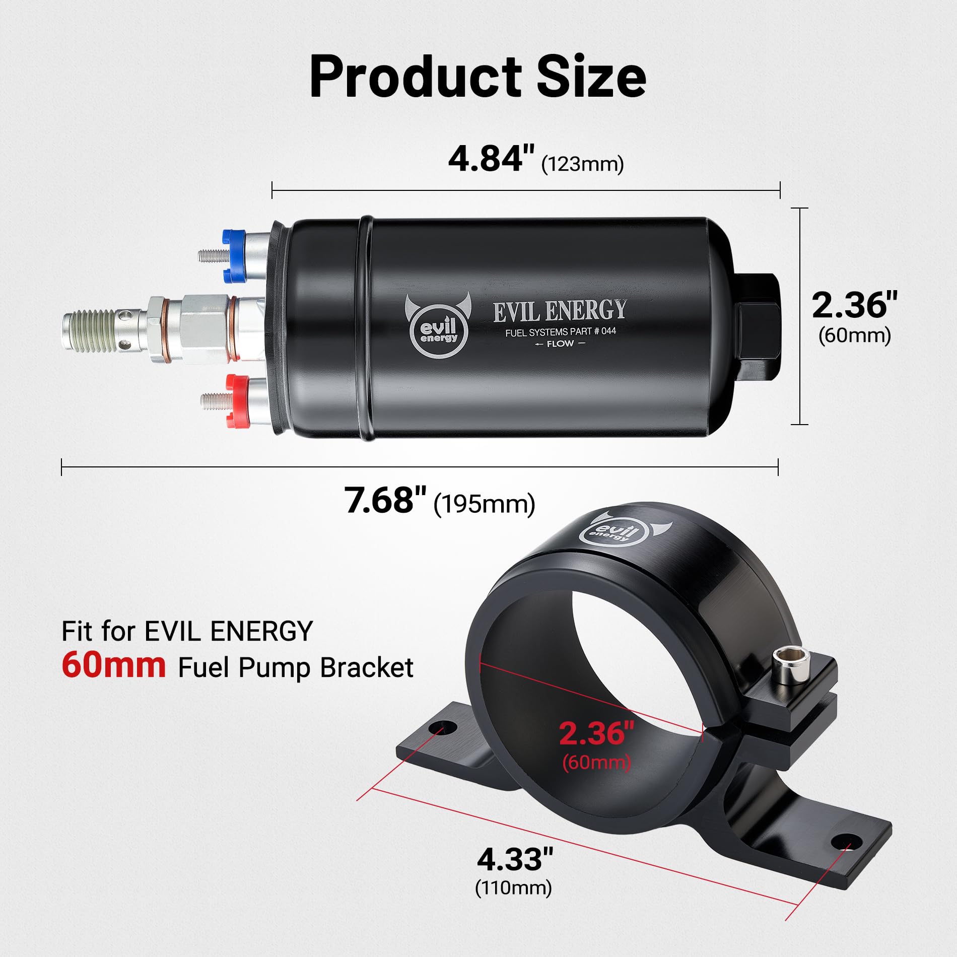 EVIL ENERGY External Inline Fuel Pump Electric 300LPH High Flow 12V with 60MM Bracket Clamp