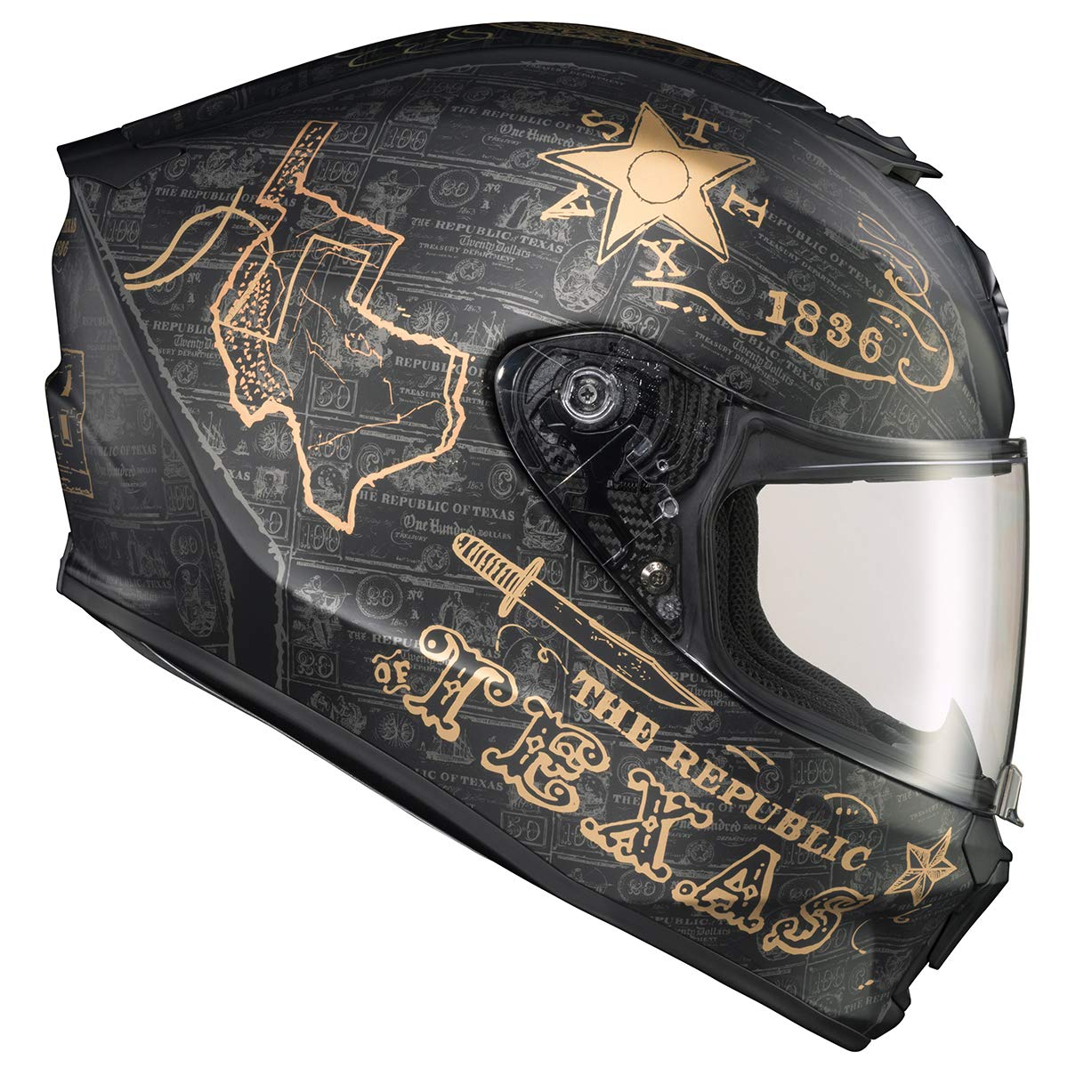 ScorpionEXO R420 Full Face Motorcycle Helmet with Bluetooth Ready Speaker Pockets DOT SNELL Lone Star (Black/Gold - XL)