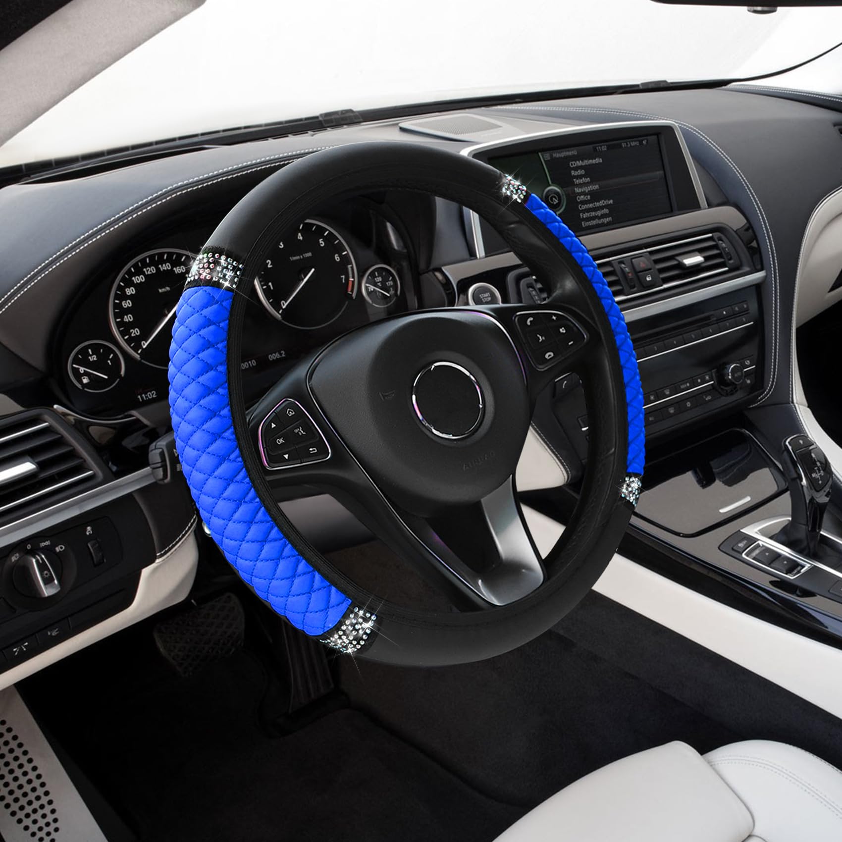 Bling Soft Leather Steering Wheel Cover, Anti-Slip Car Steering Wheel Protector, 15 Inch Rhinestones Soft Leather Elastic Steeri