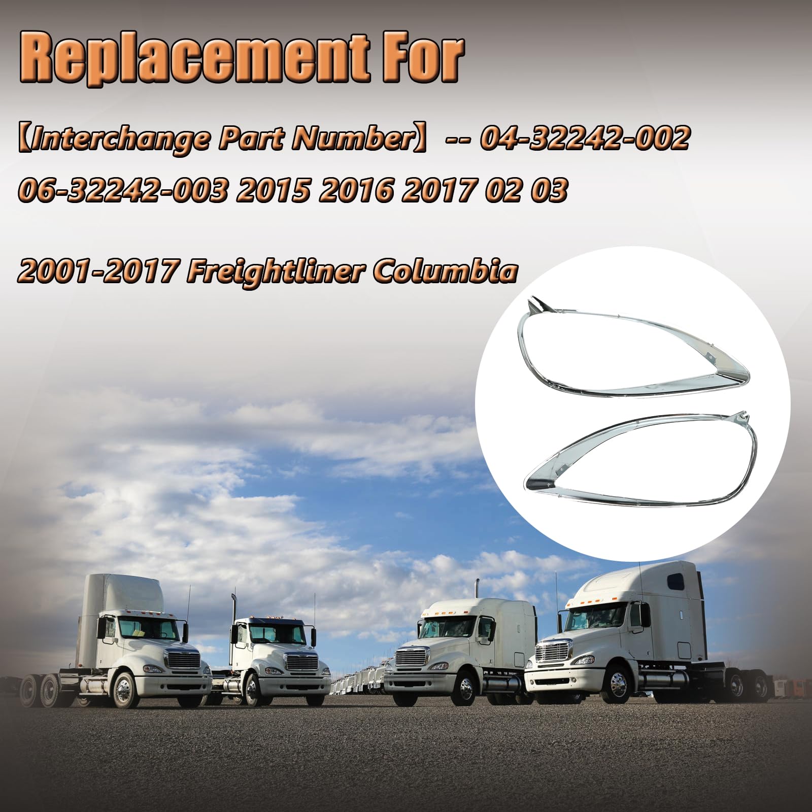 Baclaugh Chrome Headlight Bezel Trim Driver + Passenger Replacement For Freightliner Columbia 01-17