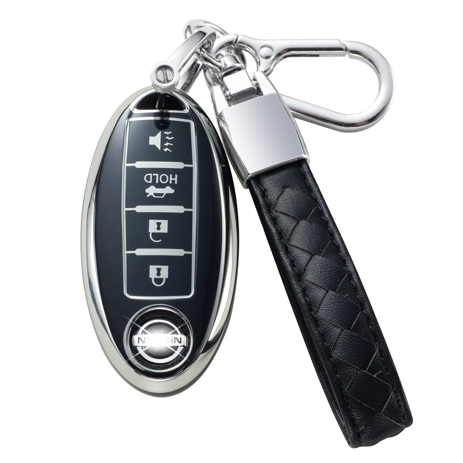 Chezenhui Compatible With Nissan Key Fob Cover With Leather Lanyard, Car Key Case Shell Protection For Nissan Altima Rogue Sentra Pathfinder Frontier Maxima Titan 4 Button Remote Smart Key, Black