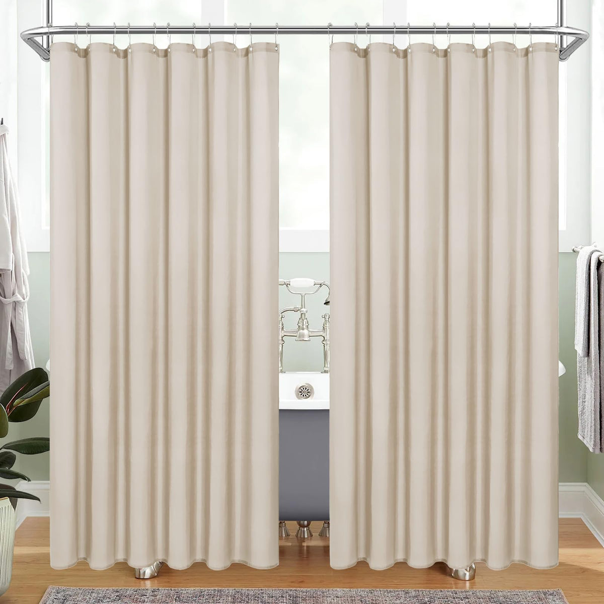 Mitovilla 2 Pack Cream Fabric Shower Curtain Liner - 72' W X 72' H, Beige Shower Curtain Or Liner For Modern Neutral Hotel Bathroom Decor, Waterproof Cloth & Machine Washable, 24 Plastic Hooks