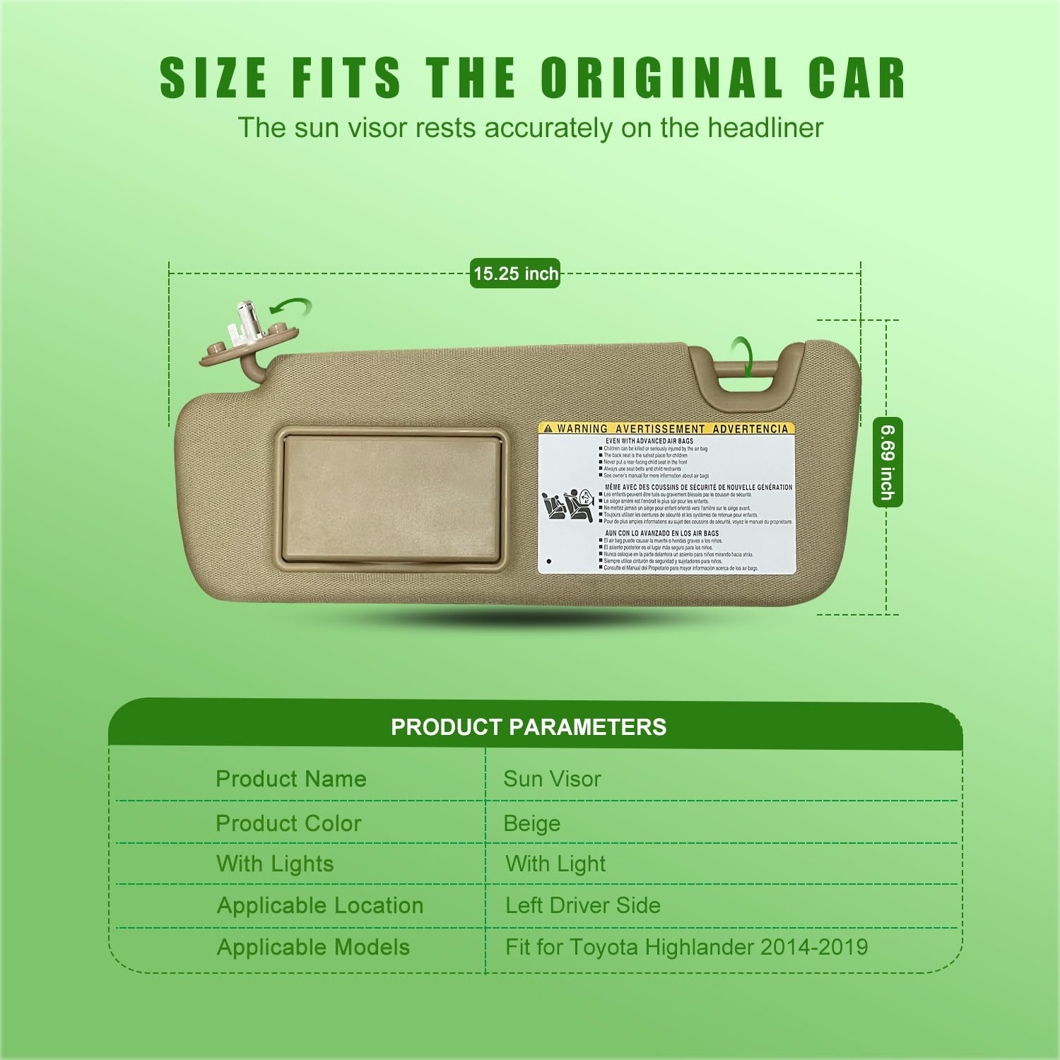 UMISHI Left Driver Side Sun Visor for Toyota Highlander 2014-2019, Beige, Plastic, Model XIRIEH035, Replace #74310-0E072-B0