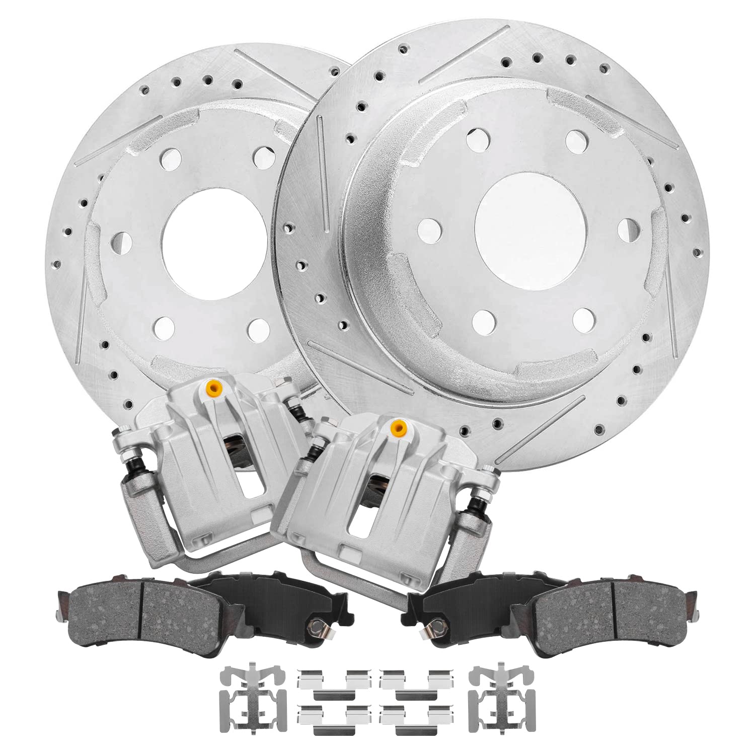 Detroit Axle - 325mm Rear Drilled & Slotted Rotors + Calipers + Ceramic Brake Pads Replacement for 2003-2006 Chevrolet GMC Silve