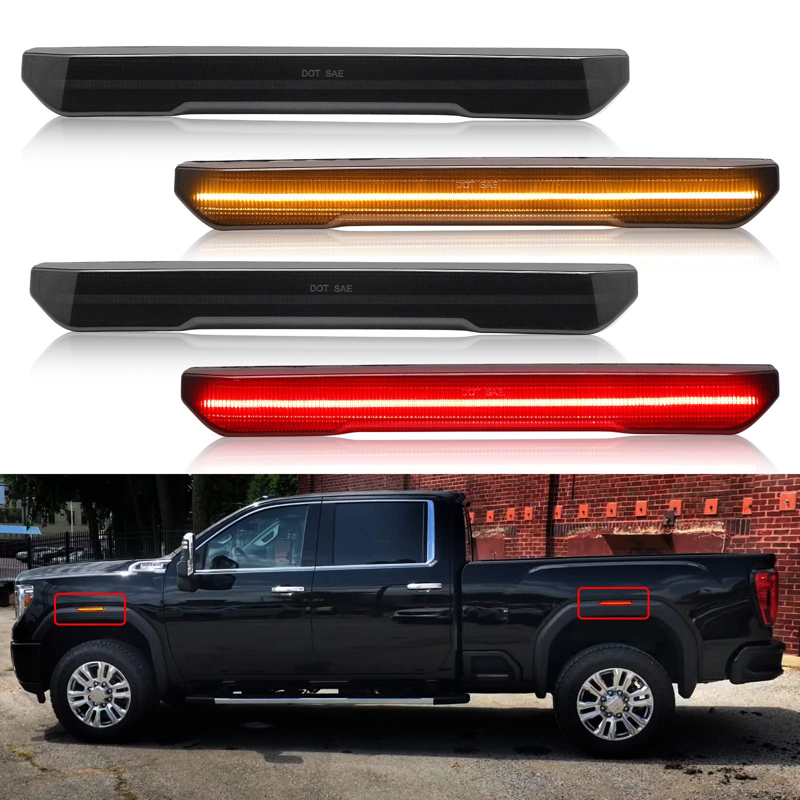 R&F Auto 4Pcs Smoked Lens Led Side Marker Lights Replacement For Sierra 2500Hd 3500Hd 2020-2024 Pickup Truck Amber Front Rear Re