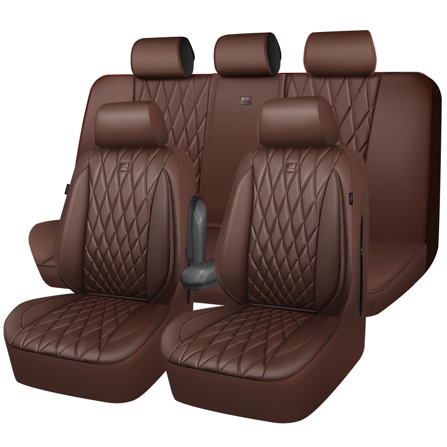 Car Pass Piping Luxury Faux Leather Seat Covers Full Set, 5 Seats Anti-Slip Waterproof Seat Covers Compatible With Front Armrest