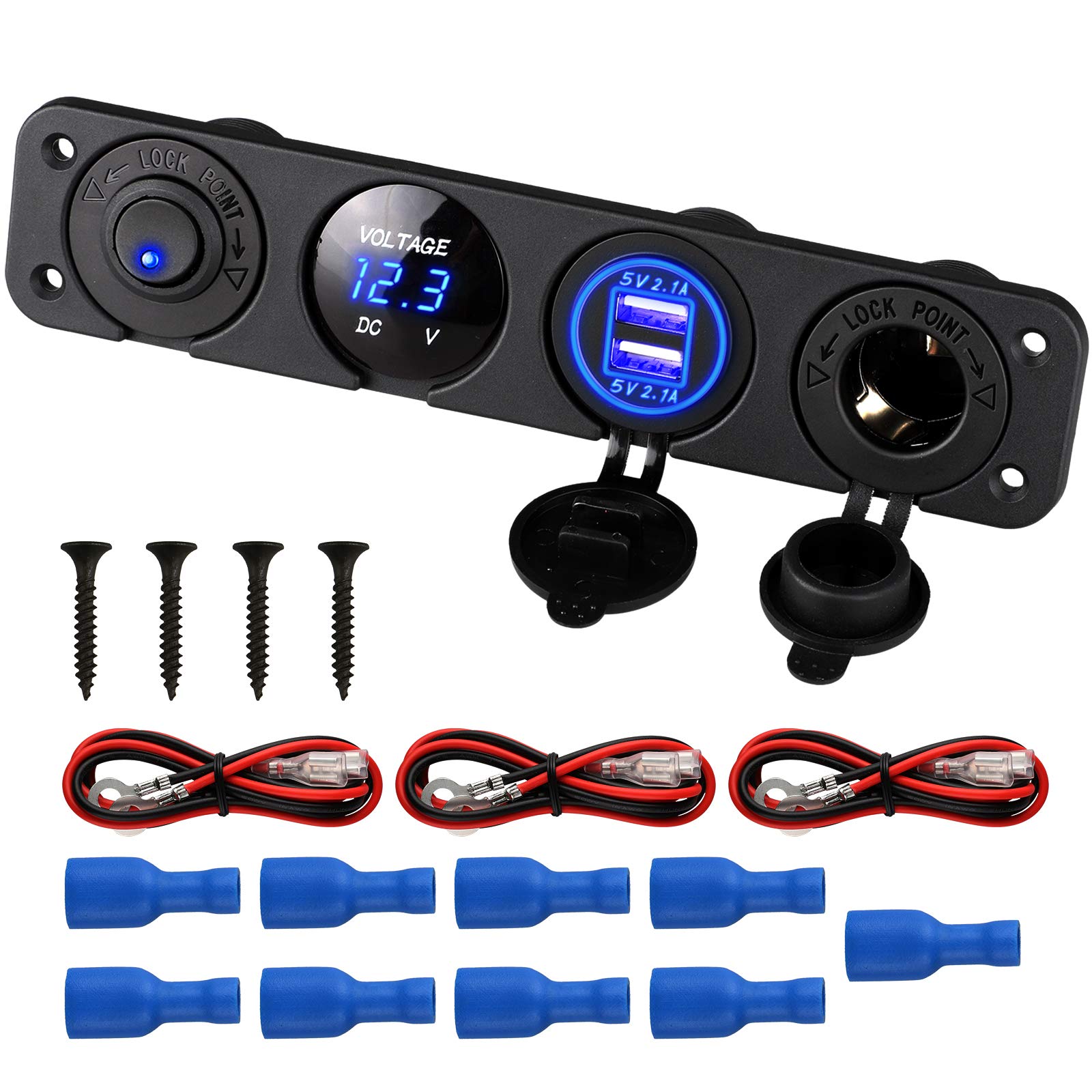 Linkstyle 4 In 1 Marine Switch Panel, 12V 4.2A Dual Usb Charger Socket Power Outlet & Led Voltmeter & Cigarette Lighter Socket & Led Lighted On Off Rocker Toggle Switch For Truck Car Marine Boat Rv