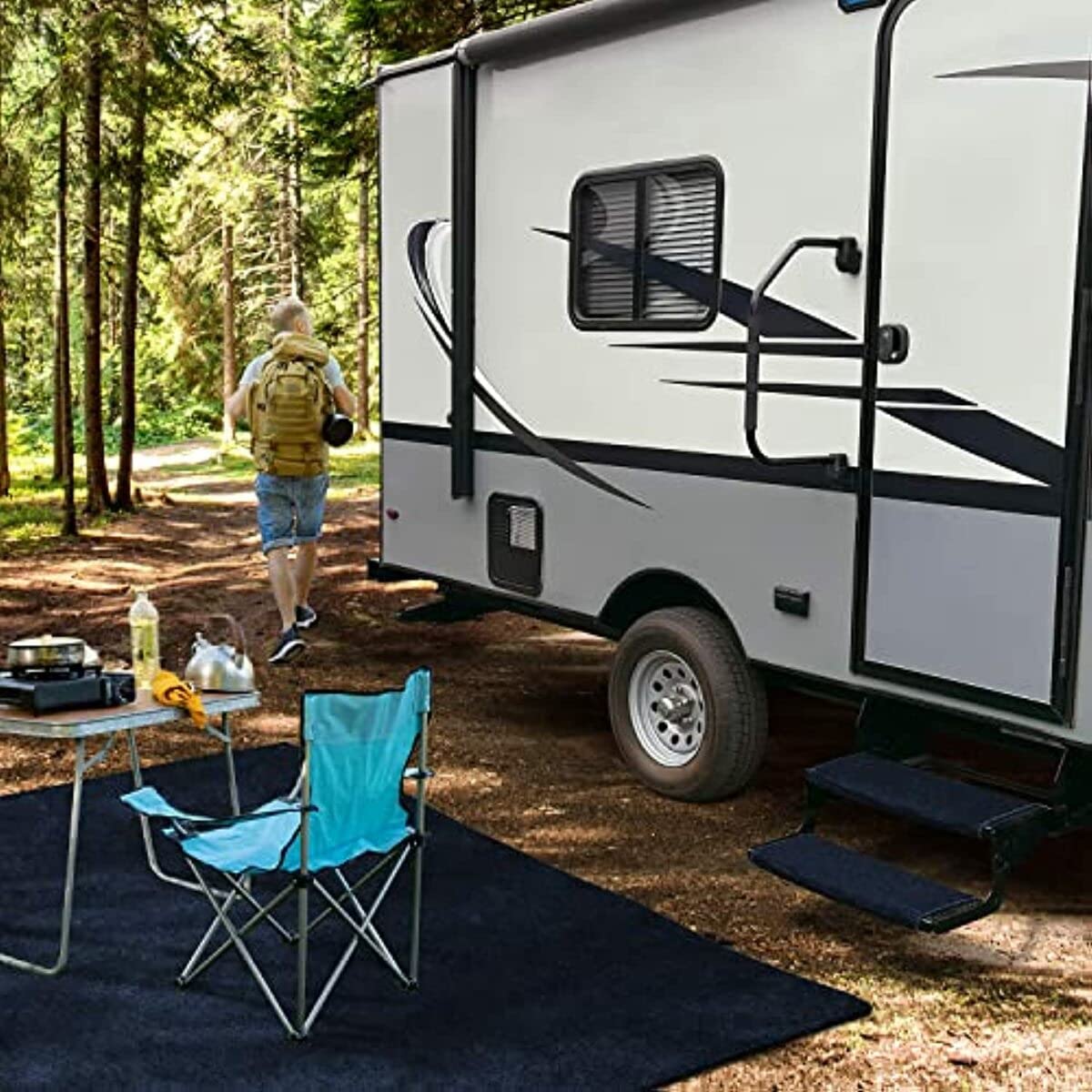 Prest-O-Fit 2-0204 Wraparound Radius Rv Step Rug Imperial Blue 22 In. Wide