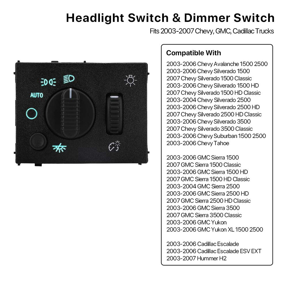 Headlight Switch Headlamp Dimmer Switch - Compatible With 2003-2006 Chevy Silverado, Suburban, Tahoe, Gmc Sierra, Yukon, Cadillac Escalade - Replace D1595G, 19381535, 15194803, 1S8489